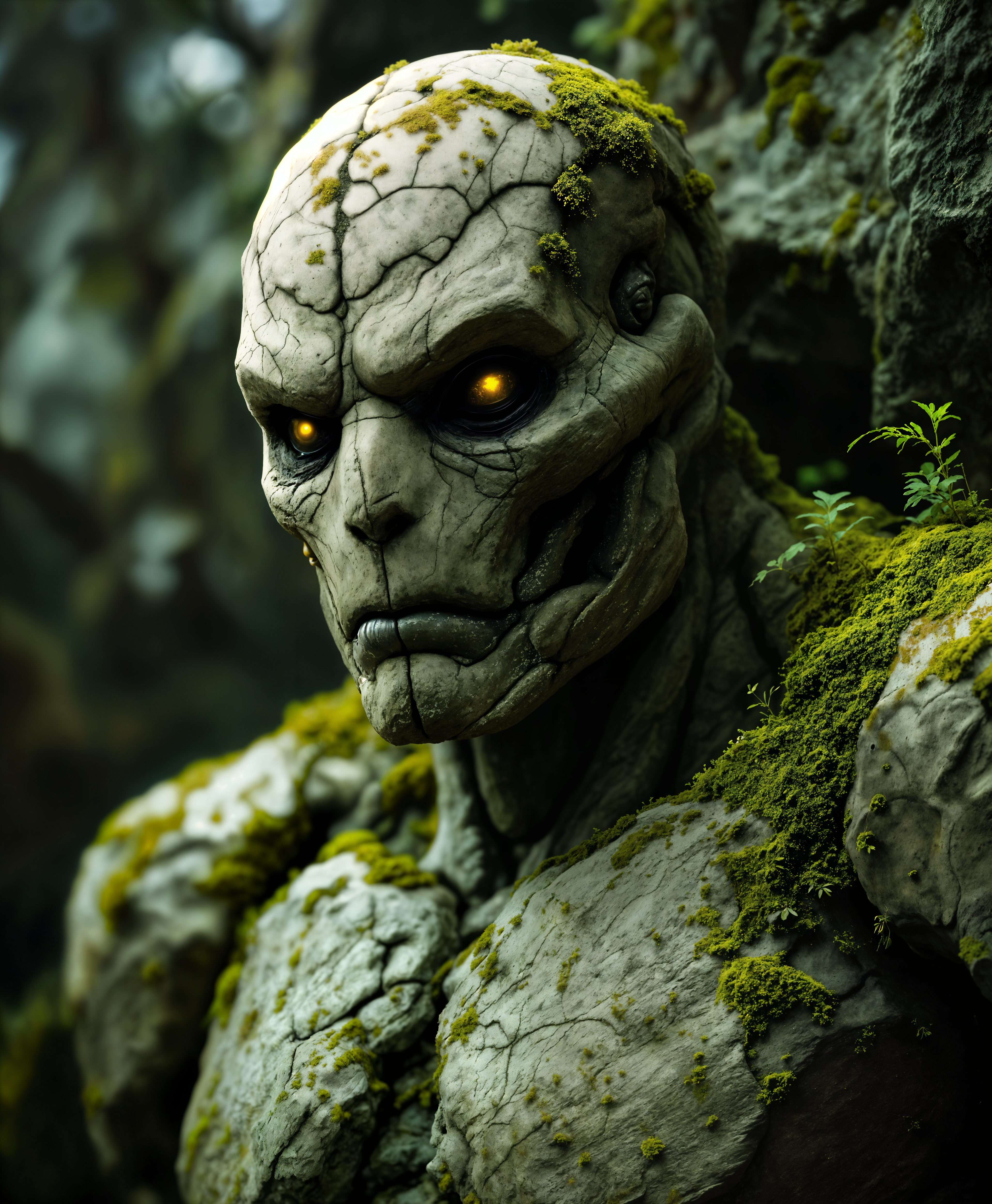 masterpiece, best quality, highres, sharp image, more detail, masterpiece, best quality, highres, sharp image, more detail, **Prompt:**

A detailed, high-definition portrait of a **golem**, captured in its natural environment. The golem is crafted from **rough, weathered stone**, with intricate **moss and lichen** patterns adorning its surface. The **texture** of the golem should be **visually tactile**, showcasing the **grain** of the rock, the **crevices** filled with **earth**, and the **delicate balance** between solidity and decay.

**Style:** The image should evoke the feel of **classical sculpture**, with the **realism** and **depth** of a **Renaissance painting**. Use **chiaroscuro** lighting to emphasize the **dramatic contrast** between light and shadow, highlighting the **three-dimensional form** of the golem.

**Composition:** The golem is **centered** in the frame, with its **head slightly tilted** to the left, looking slightly off-camera, suggesting a **mysterious gaze**. The **background** is a **dense forest**, with **soft focus** trees and **vines** encroaching around the golem, creating a **sense of depth**. The **camera angle** is slightly **low**, looking up at the golem, emphasizing its **monumental presence**.

**Mood and Atmosphere:** The scene is **mystical** and **ethereal**, with **soft, diffused light** filtering through the **canopy** above. The **time of day** is **dusk**, with a **subtle glow** that casts **long shadows** and gives the environment a **dreamlike quality**. The **weather** is **misty**, with **light fog** around the golem, adding to the **mystique**.

**Technical Aspects:** Utilize **hyperrealism** techniques to achieve a **tactile realism** in the golem's texture. Employ **depth of field** to blur the background, focusing on the golem's face. Use **soft brushes** to blend colors seamlessly, ensuring the **moss and lichen** look **integrated** with the stone.

**Cohesion:** The **mystical**, **timeless** feel of the golem should harmonize with the **ancient**, **overgrown forest**, creating a **believable**, **self-contained world** where this creature could exist, untouched by modern times.