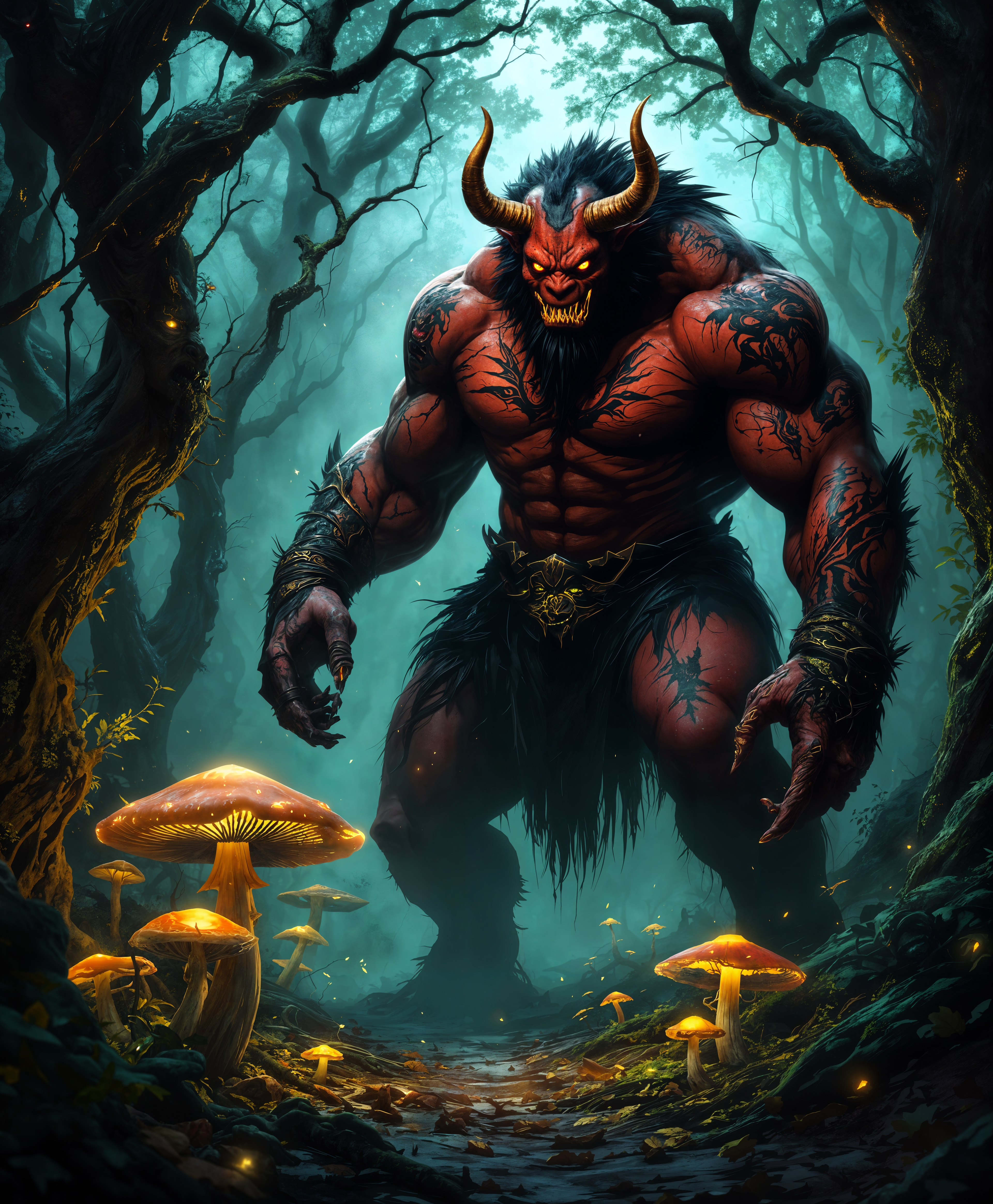 masterpiece, best quality, highres, sharp image, more detail, masterpiece, best quality, highres, sharp image, more detail, Generate a high-definition portrait of an Oni Demon, capturing its fierce essence within its natural, mystical environment:

- **Subject**: An Oni Demon with a muscular build, standing at least 8 feet tall. Its skin is a deep, rich red with intricate, glowing tattoos that shimmer with an ethereal light. The demon's face should showcase exaggerated features: large, piercing eyes with yellow irises and vertical slits for pupils, a prominent nose, and sharp, menacing teeth visible through a snarl. Horns, jagged and imposing, curl from its forehead, adding to its intimidating appearance.

- **Environment**: The Oni is set in a dense, twilight forest where ancient trees with gnarled, moss-covered trunks and twisted branches create a canopy overhead. The ground is littered with fallen leaves and small, luminescent mushrooms casting a soft glow, contributing to the otherworldly atmosphere. A faint mist weaves through the undergrowth, enhancing the eerie yet majestic setting.

- **Lighting**: Utilize chiaroscuro lighting to highlight the demon's features, with the light source seeming to come from the glowing tattoos and the bioluminescent elements in the environment. This creates a dramatic contrast between light and dark, accentuating the Oni's form against the shadowy background.

- **Style**: The image should be rendered in a high-definition realistic style, reminiscent of digital art with a touch of traditional Japanese ukiyo-e for the demon's design, blending the old with the new for a unique visual impact.

- **Composition**: Frame the Oni slightly off-center, with its gaze directed towards the viewer, creating a sense of direct confrontation. The camera angle should be low, looking up at the demon to emphasize its size and dominance over its environment. The background should be slightly blurred to keep focus on the Oni while still providing context to its habitat.

- **Mood and Atmosphere**: The overall mood is one of awe, danger, and mystery. The twilight setting suggests a time of transition, mirroring the Oni's dual nature as both a guardian and a harbinger of chaos. The atmosphere is thick with tension, the silence broken only by the soft rustling of leaves, enhancing the feeling of isolation and supernatural presence.

- **Technical Aspects**: Utilize depth of field to focus on the Oni while allowing the forest to recede into a soft blur. Employ a high dynamic range to capture the contrast between the dark forest and the luminous elements. The image should have a high resolution to showcase the intricate details of the Oni's tattoos and the environment's texture