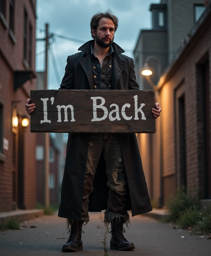 MEAI stands in an urban alley, the remnants of a bustling city life fading into the background. He's wearing a sleek, black trench coat, its fabric catching the dim light with a subtle sheen, paired with tattered pirate pants that tell tales of adventures on the high seas. The pants are frayed at the edges, with patches of different fabric adding character, the colors faded from sun and salt. In his hands, he holds a weathered wooden sign, the letters "I'm Back" painted in bold, white script, a stark contrast against the dark wood.

The scene is set at dusk, the sky a mix of twilight blues and the first hints of night, with the city lights beginning to twinkle in the distance. The lighting is moody, with street lamps casting long shadows, enhancing the dramatic atmosphere. The mood is one of return, of a character who has seen much, now making a bold statement of presence.

The composition captures MEAI from a low angle, looking up at him, emphasizing his imposing figure against the urban decay. The focus is sharp on him, with the background slightly blurred, drawing attention to his attire and the sign. The camera lens simulates a shallow depth of field, creating a cinematic feel.

Photography techniques include a wide aperture for the bokeh effect, a long exposure to capture the movement of light, and the use of a grainy film aesthetic to add a gritty, authentic feel. The style blends elements of neo-noir with a touch of steampunk, capturing the essence of a modern-day pirate or a rogue returning from a long journey.
```