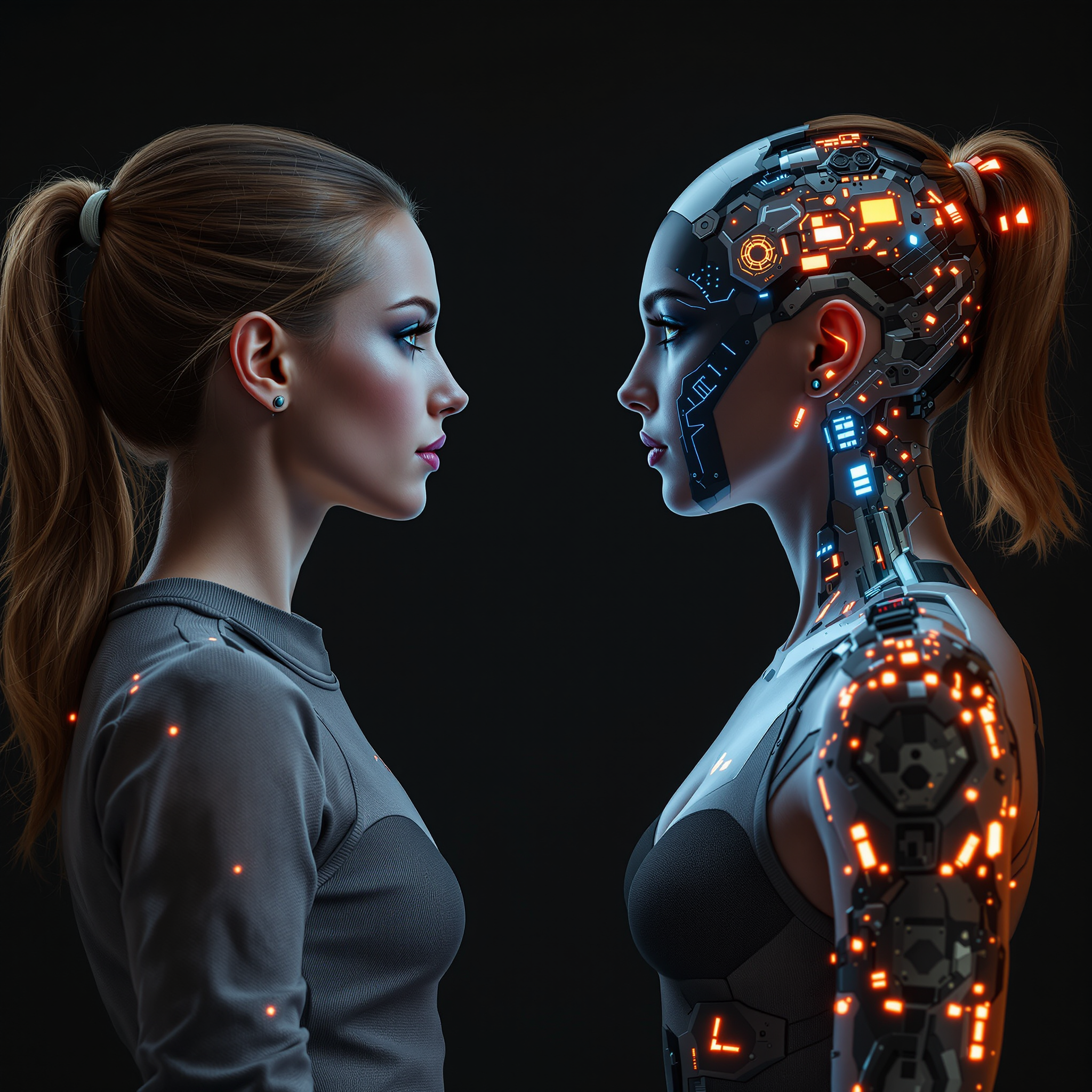 a woman standing face to face with her digital twin. the woman on the left looks completely normal. The digital twin on the right looks futuristic 