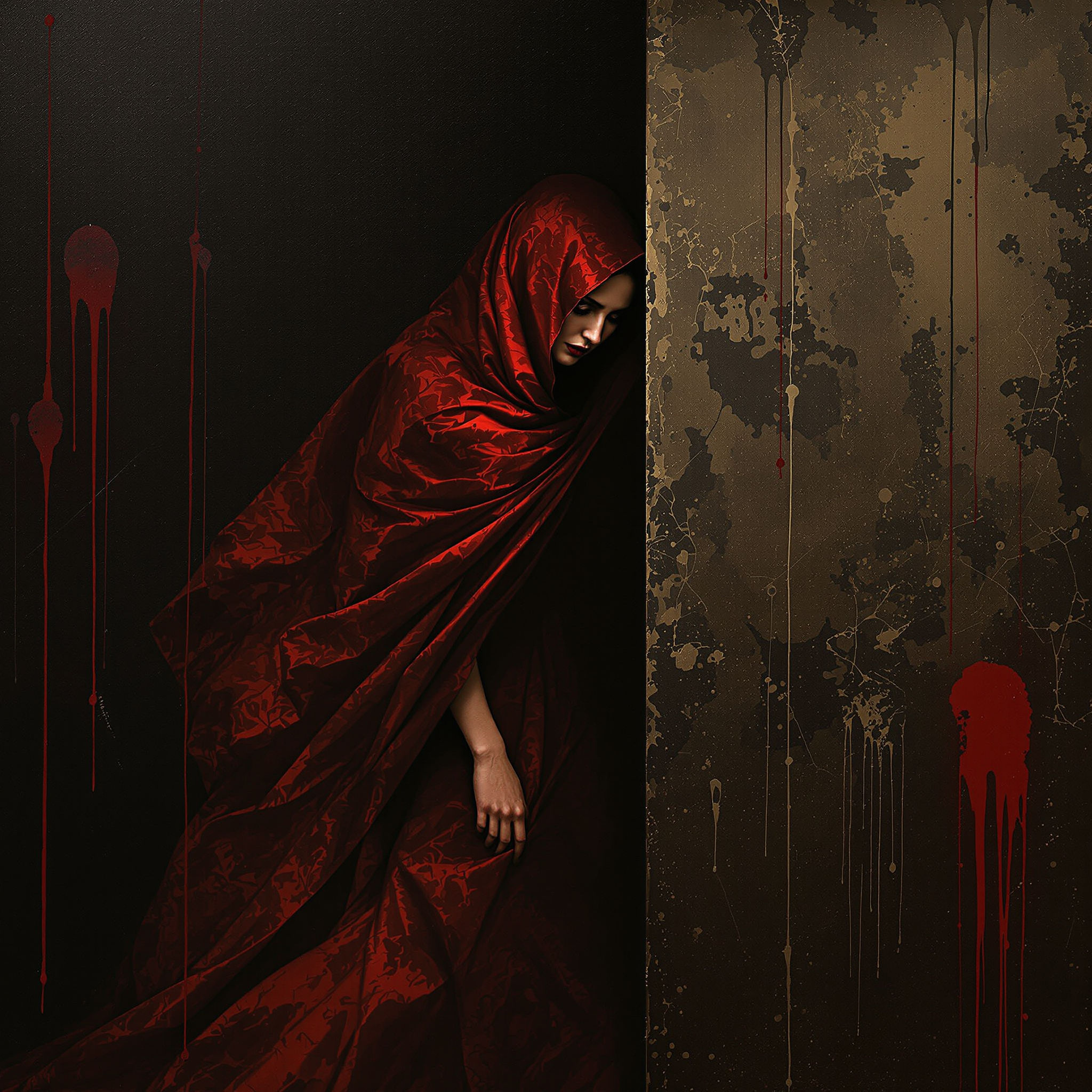 A woman cloaked in flowing red garments, her figure partially obscured as she navigates around a shadowy corner, her face a canvas of emotions. **Visual Details:** Her dress is textured with the illusion of velvet, capturing light in a way that contrasts sharply against the dark, muted backdrop. The chiaroscuro lighting sculpts her form, casting deep shadows and highlights that accentuate the folds of her attire and the contours of her face. The palette is dominated by sepia tones, with hints of monochromatic color, creating an ethereal, gothic atmosphere. **Style:** This portrait is rendered in a dark surrealist style, reminiscent of an oil painting that has been heavily distressed, showing signs of weathering with cracks and peeling layers. **Composition:** The woman is positioned at the edge of the frame, emerging from the darkness, suggesting movement and mystery. The camera angle is slightly low, making her figure imposing yet enigmatic. **Mood and Atmosphere:** The scene exudes a haunting, moody ambiance, with the time of day obscured by the dramatic lighting, suggesting twilight or the depth of night. The air feels damp and heavy, with an otherworldly, almost ghostly presence. **Technical Aspects:** The image incorporates a grainy texture, with paint drips that seem to defy gravity, adding to the surreal quality. Abstract elements are seamlessly integrated with realistic features, creating a dissonance that is both unsettling and captivating. **Cohesion:** Every element from the distressed paint to the woman's attire contributes to a unified, moody, and haunting aesthetic, evoking a sense of time-worn beauty and timeless mystery.