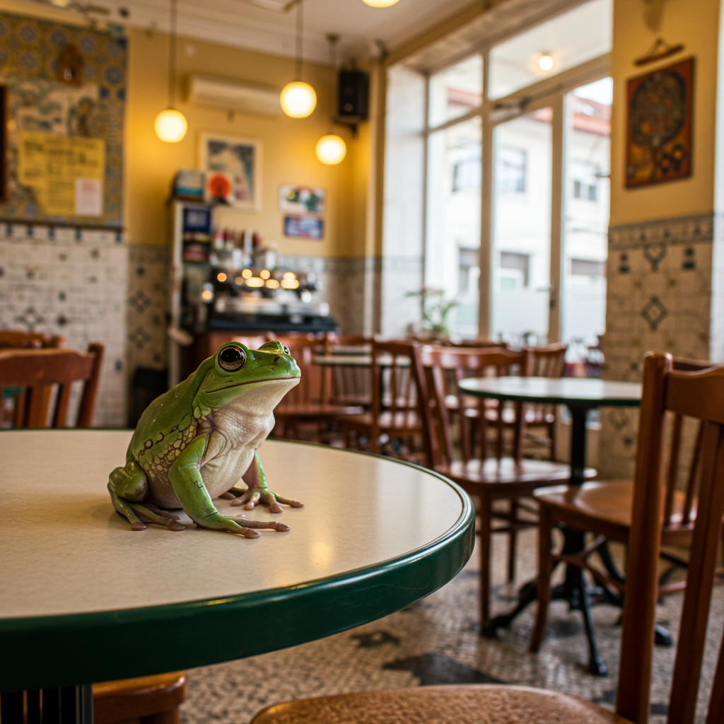 a frog standing in a cafe in lisbon
