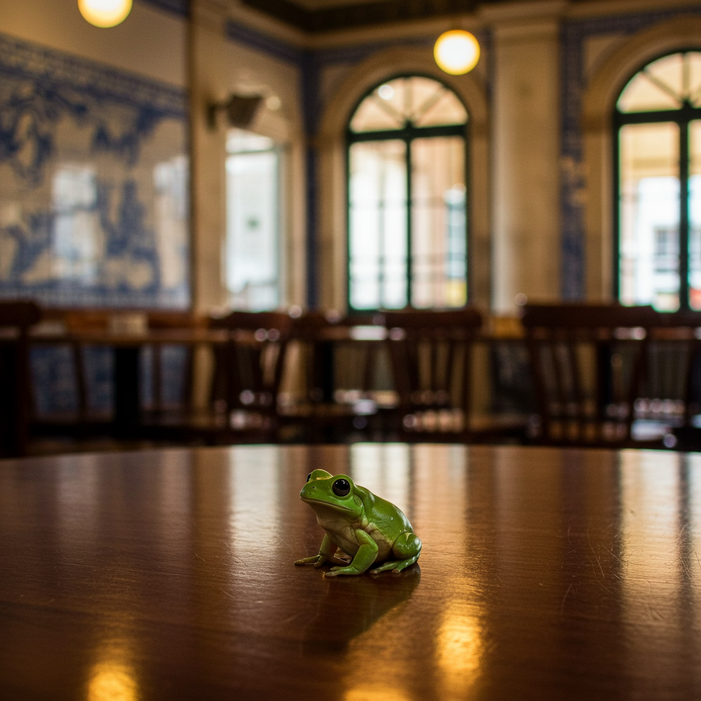 a frog standing in a cafe in lisbon
