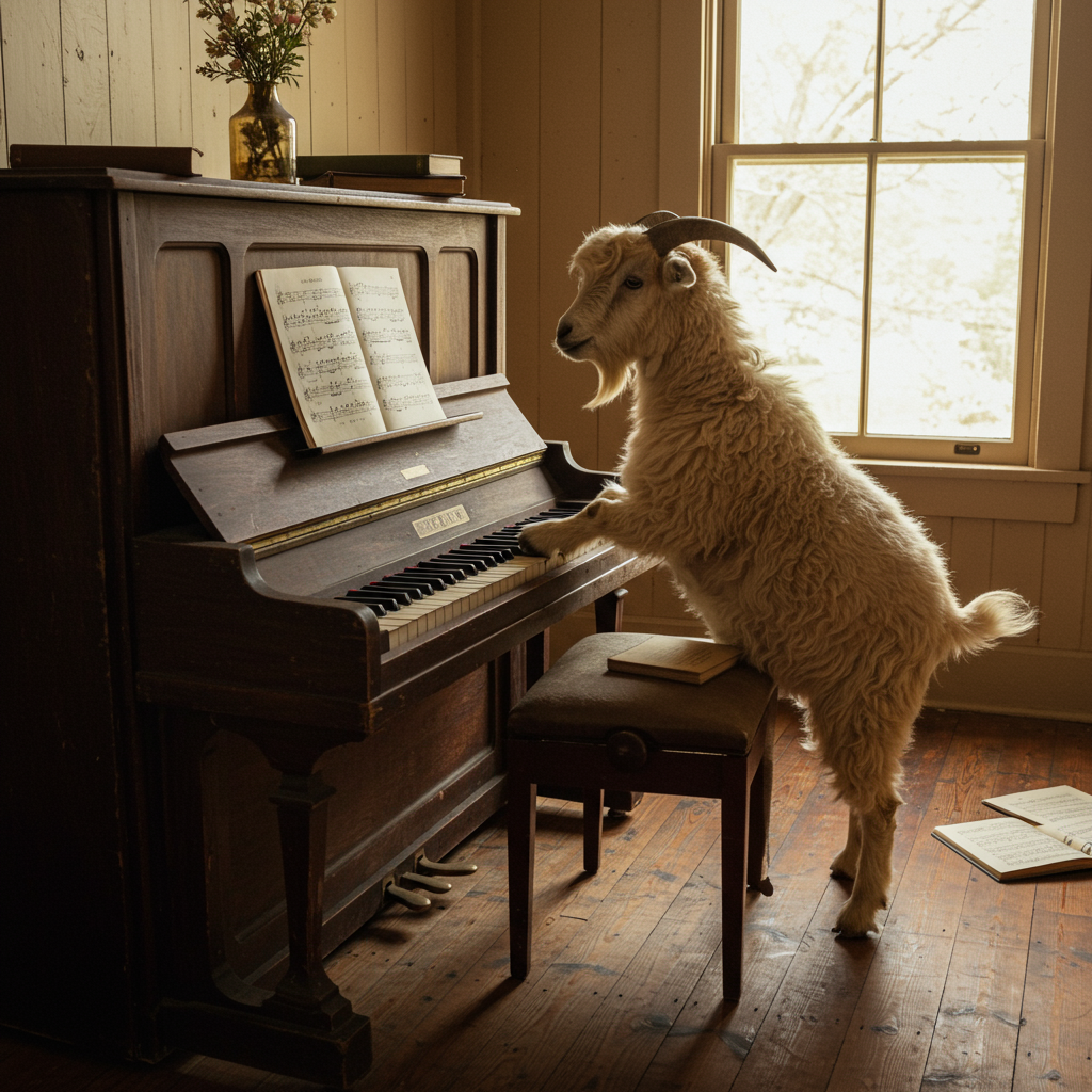 a candid photo of a goat playing the piano
