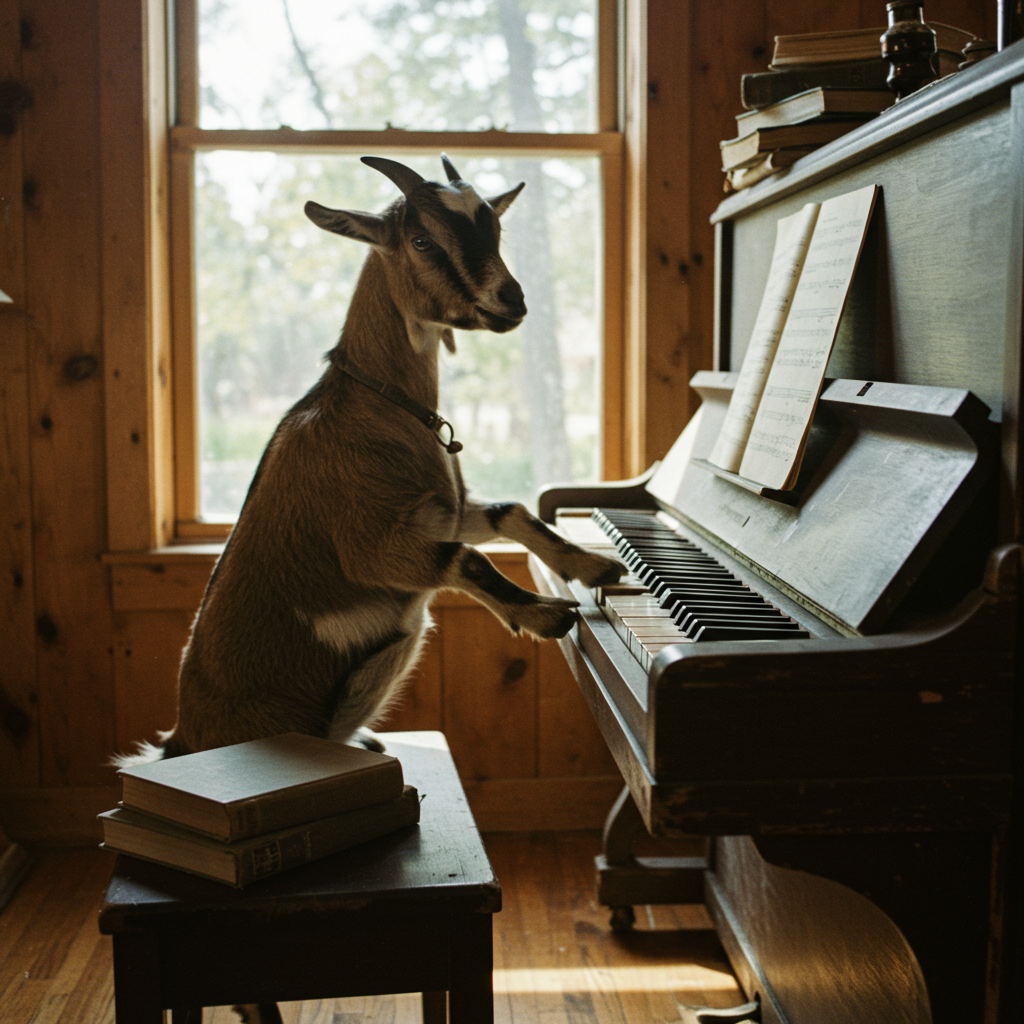 a candid photo of a goat playing the piano
