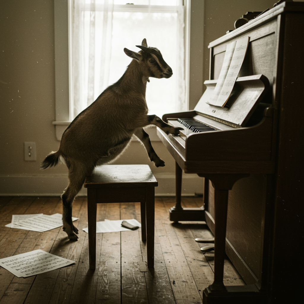 a candid photo of a goat playing the piano
