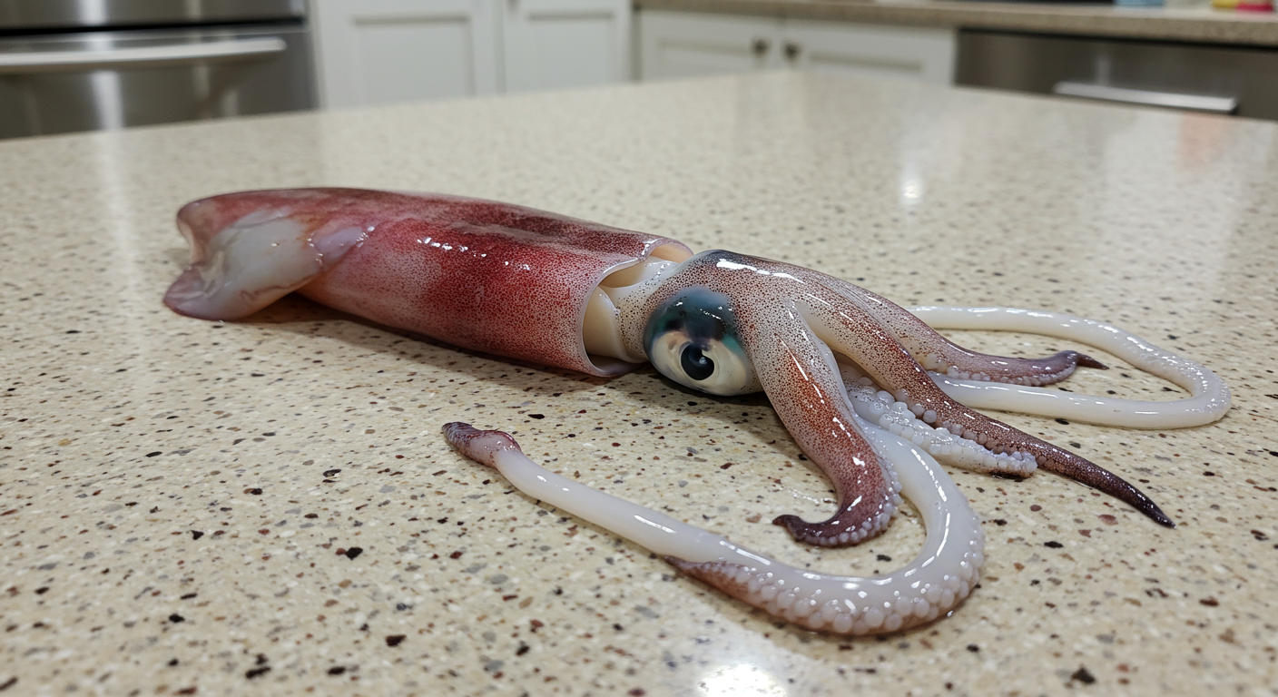 a squid on a kitchen counter