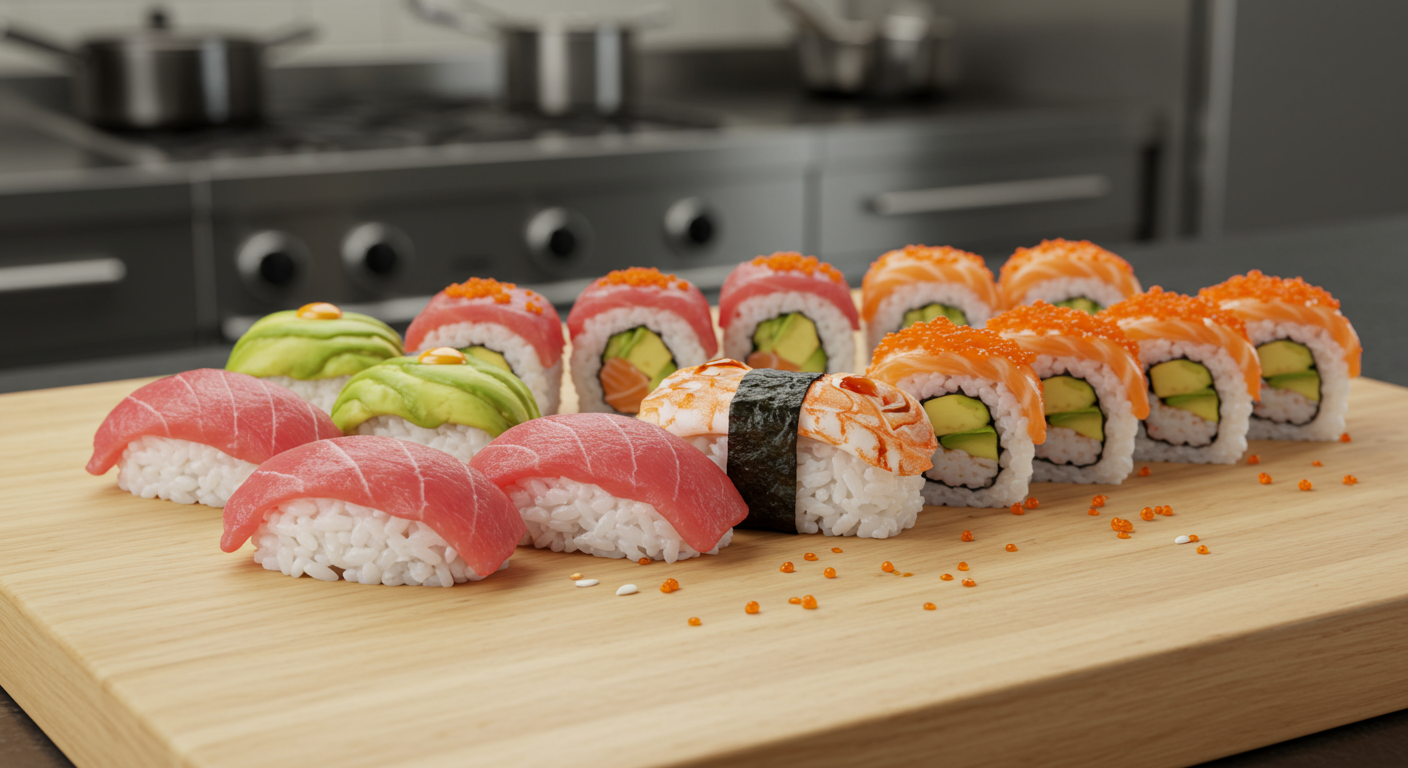 sushi rolls on a cutting board in a kitchen