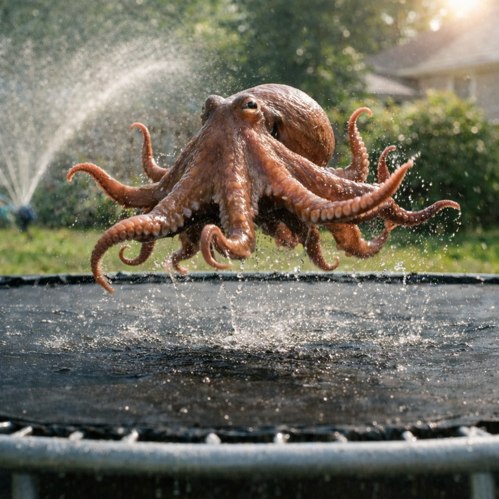 AI-generated image: the octopus is bouncing (edited)