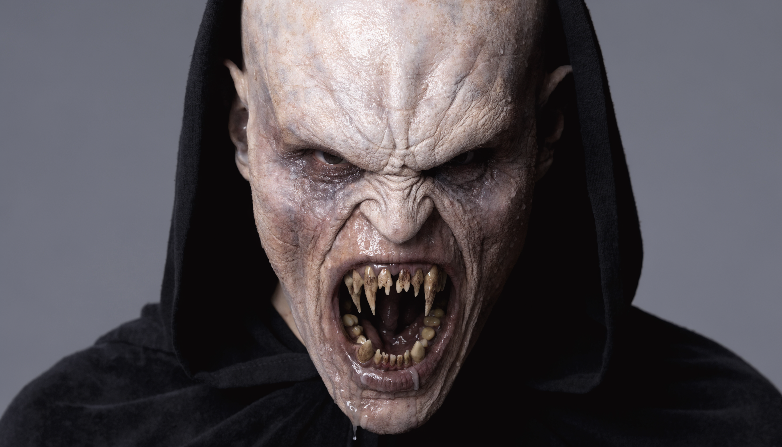 hyper-realistic close-up portrait of a menacing bald alien humanoid creature wit