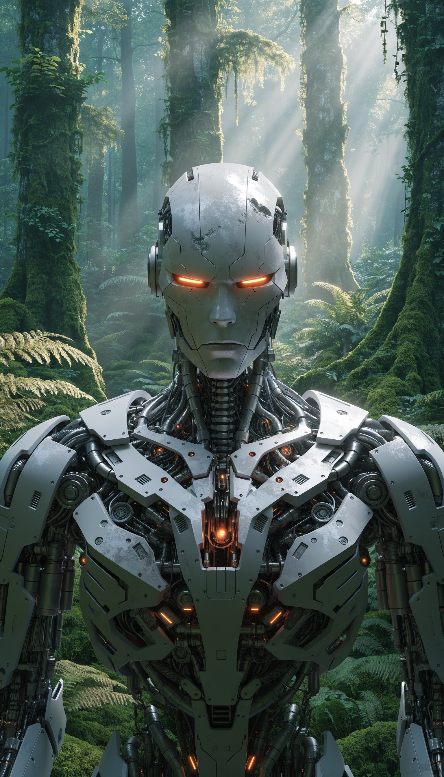 A highly detailed photorealistic 3D render of a futuristic humanoid robot in a m