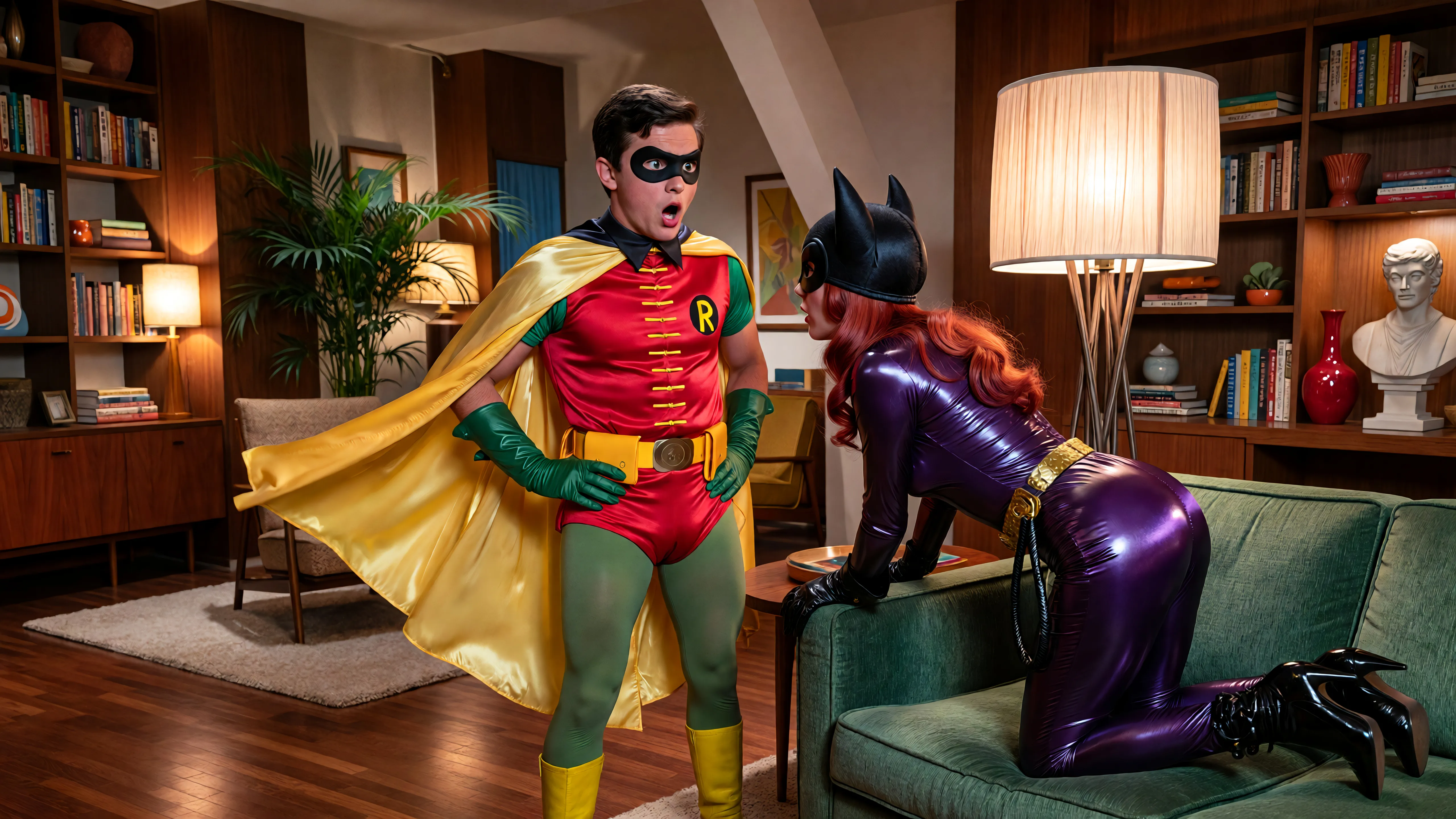 A highly detailed, photorealistic recreation of a 1960s live-action Batman TV se