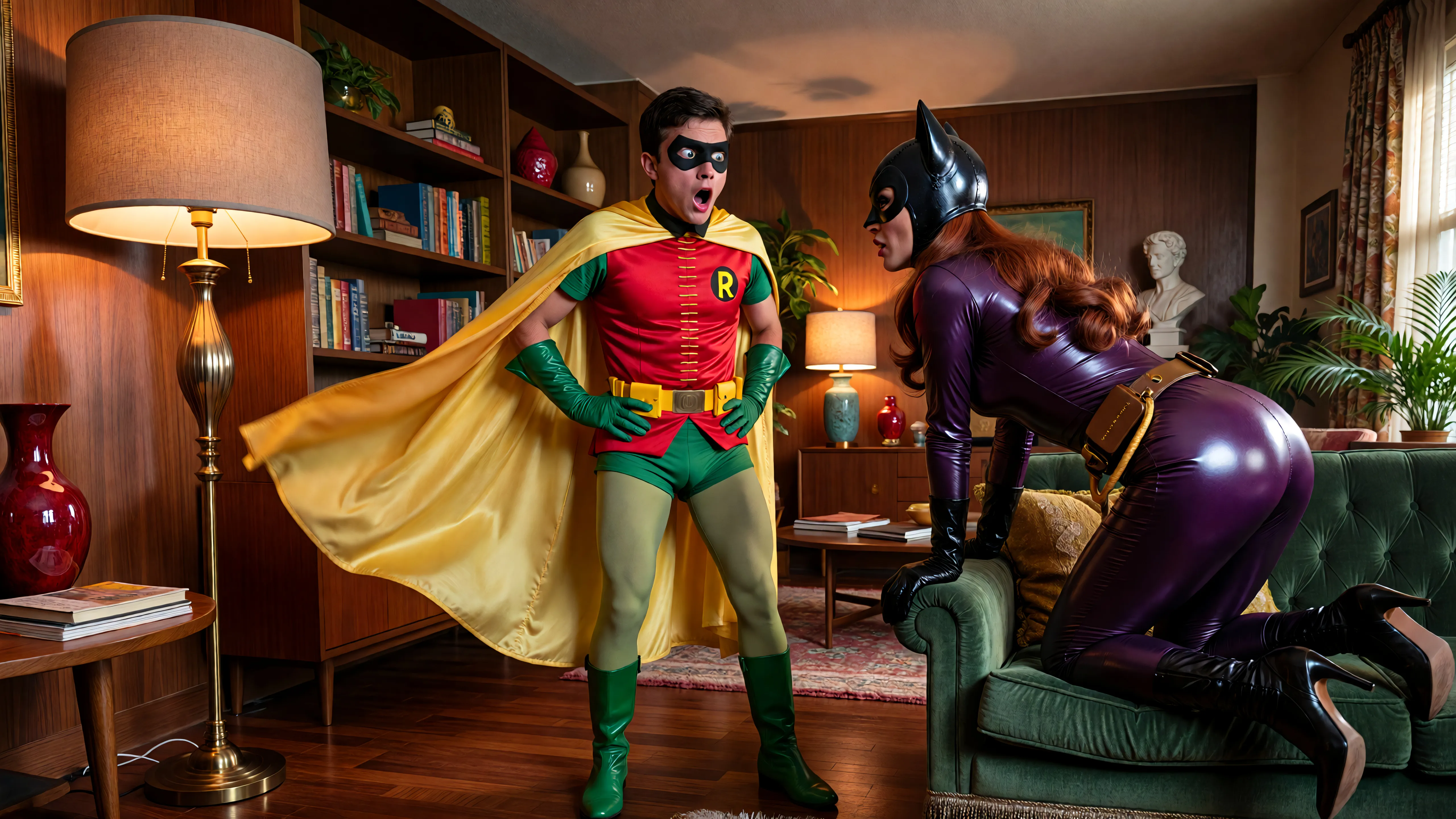 A highly detailed, photorealistic recreation of a 1960s live-action Batman TV se