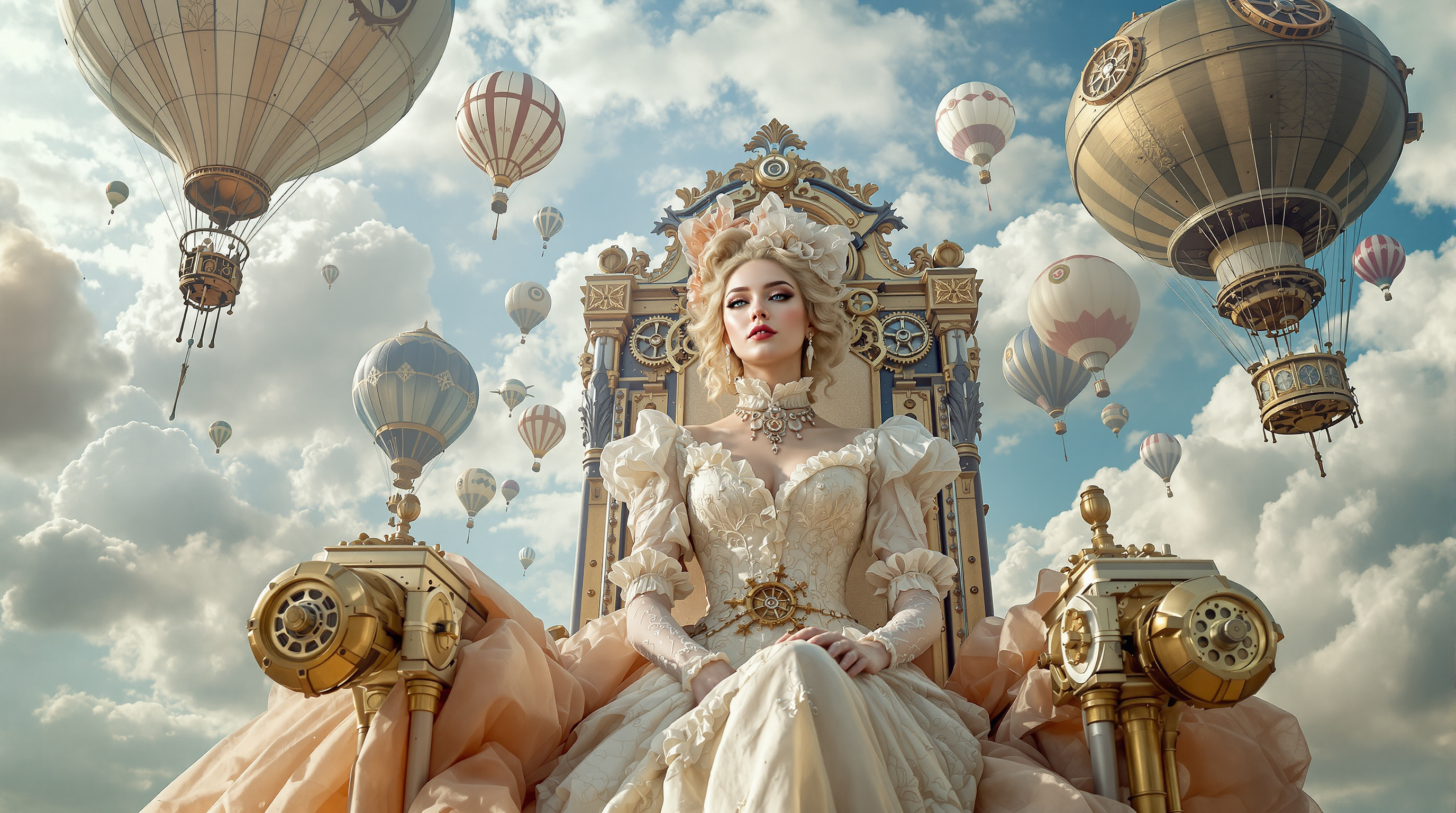 A majestic young woman with voluminous blonde curls cascading around her face, p