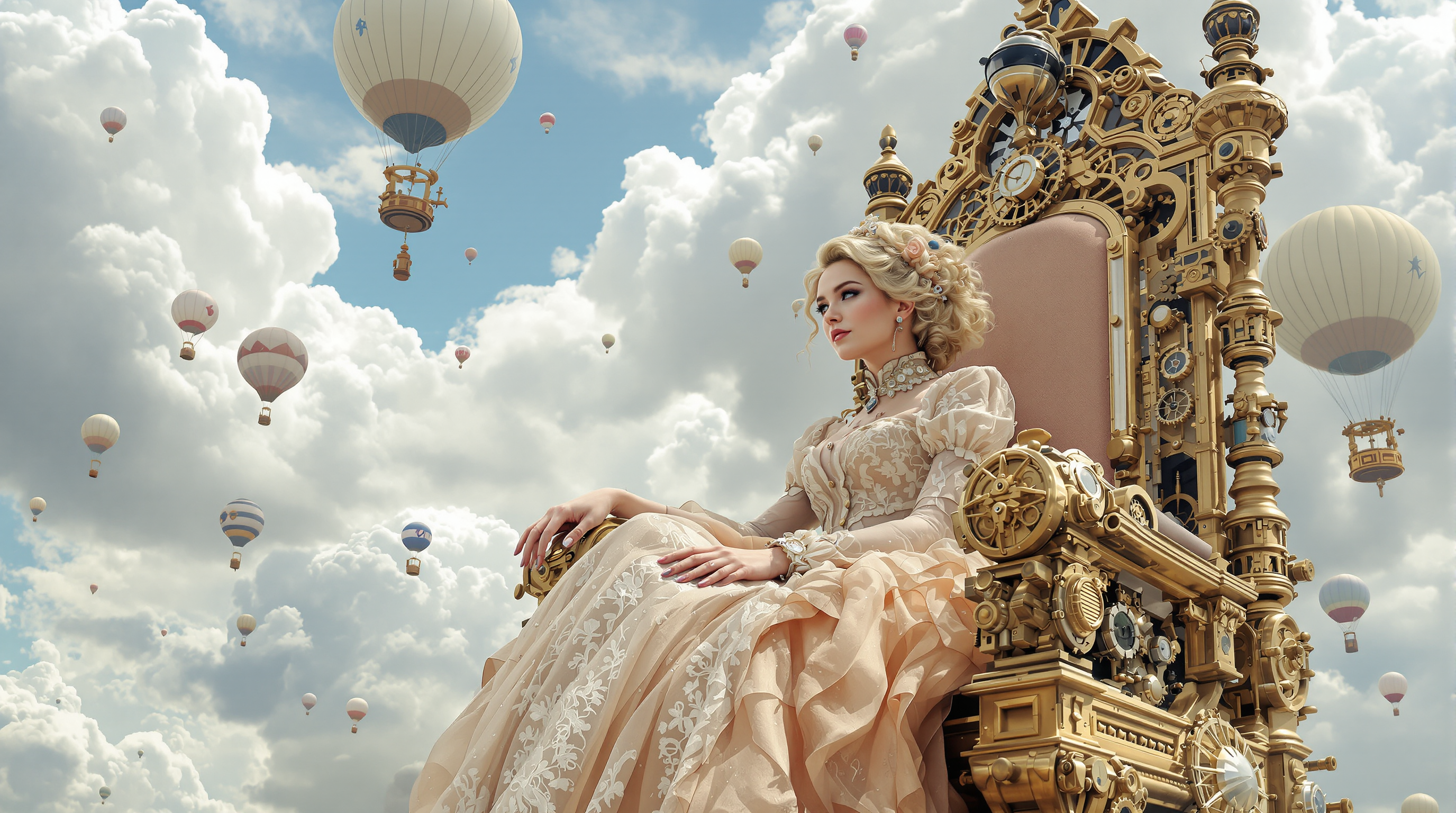 A majestic young woman with voluminous blonde curls cascading around her face, p