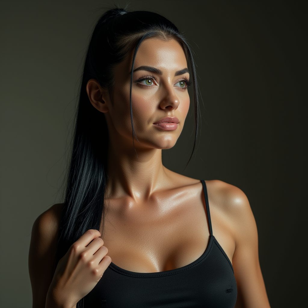 a portrair of stunning female with green eyes,sleek dark,ponytail and perfect bo