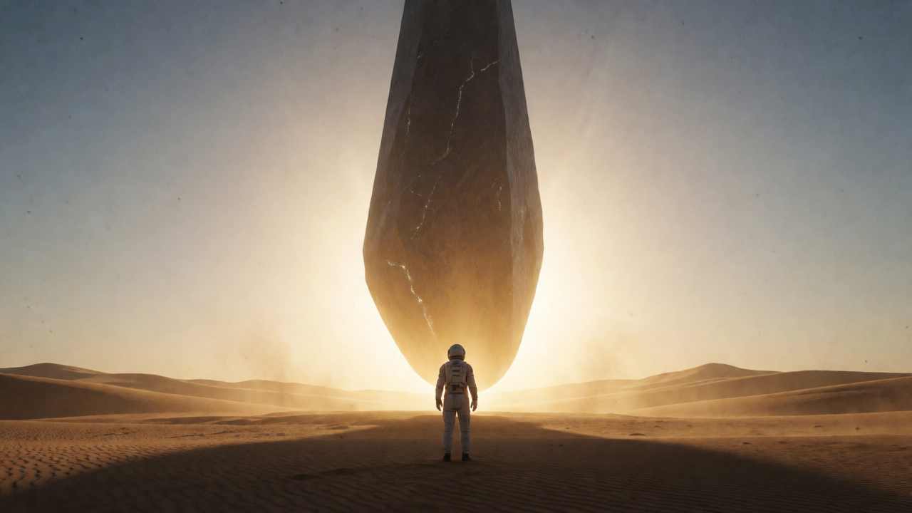 Krea Image hero — lone astronaut before a glowing alien monolith in the desert