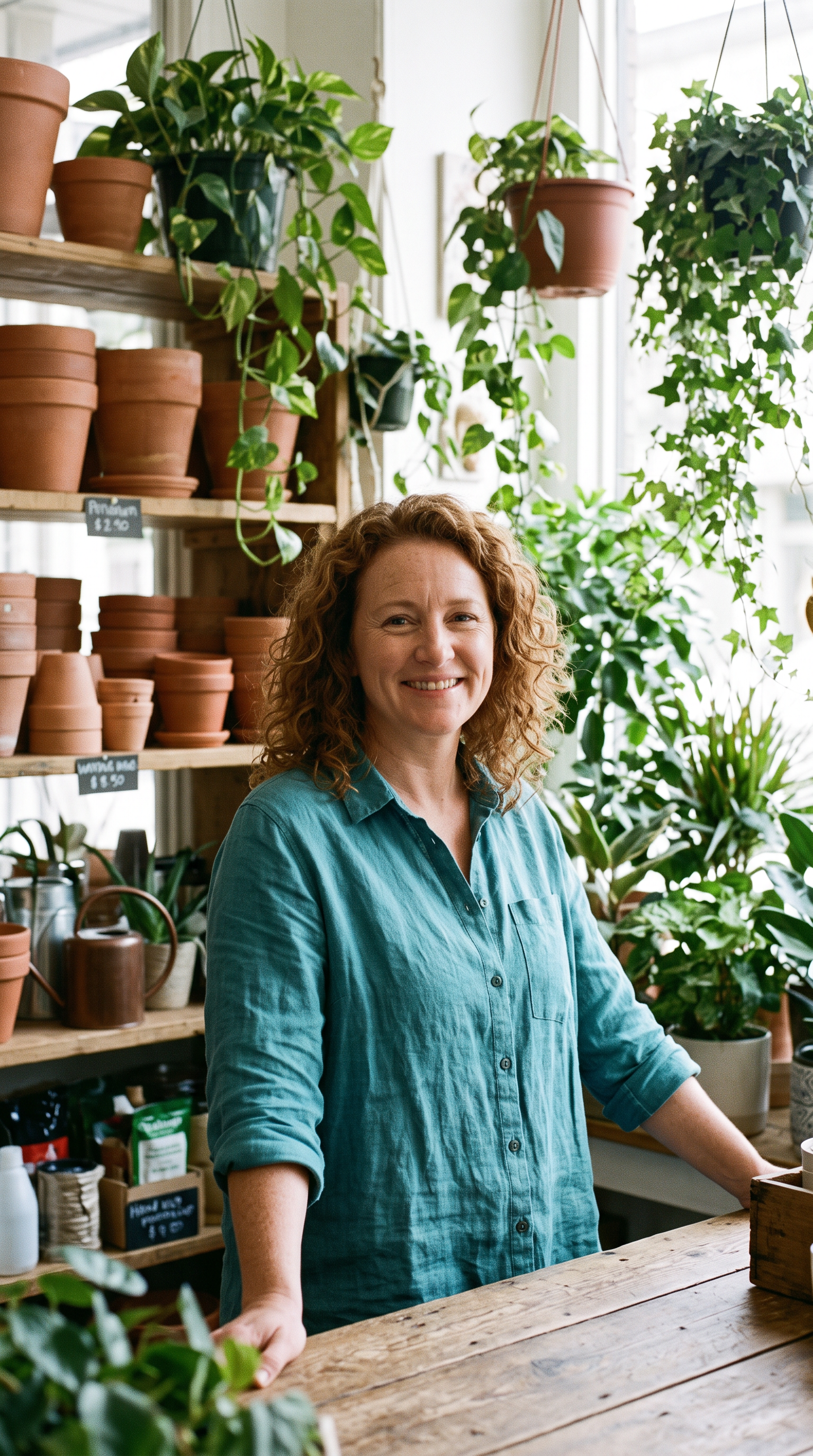 A smiling woman with curly auburn hair in a teal linen shirt stands behind the counter of a bright plant shop full of hanging pothos