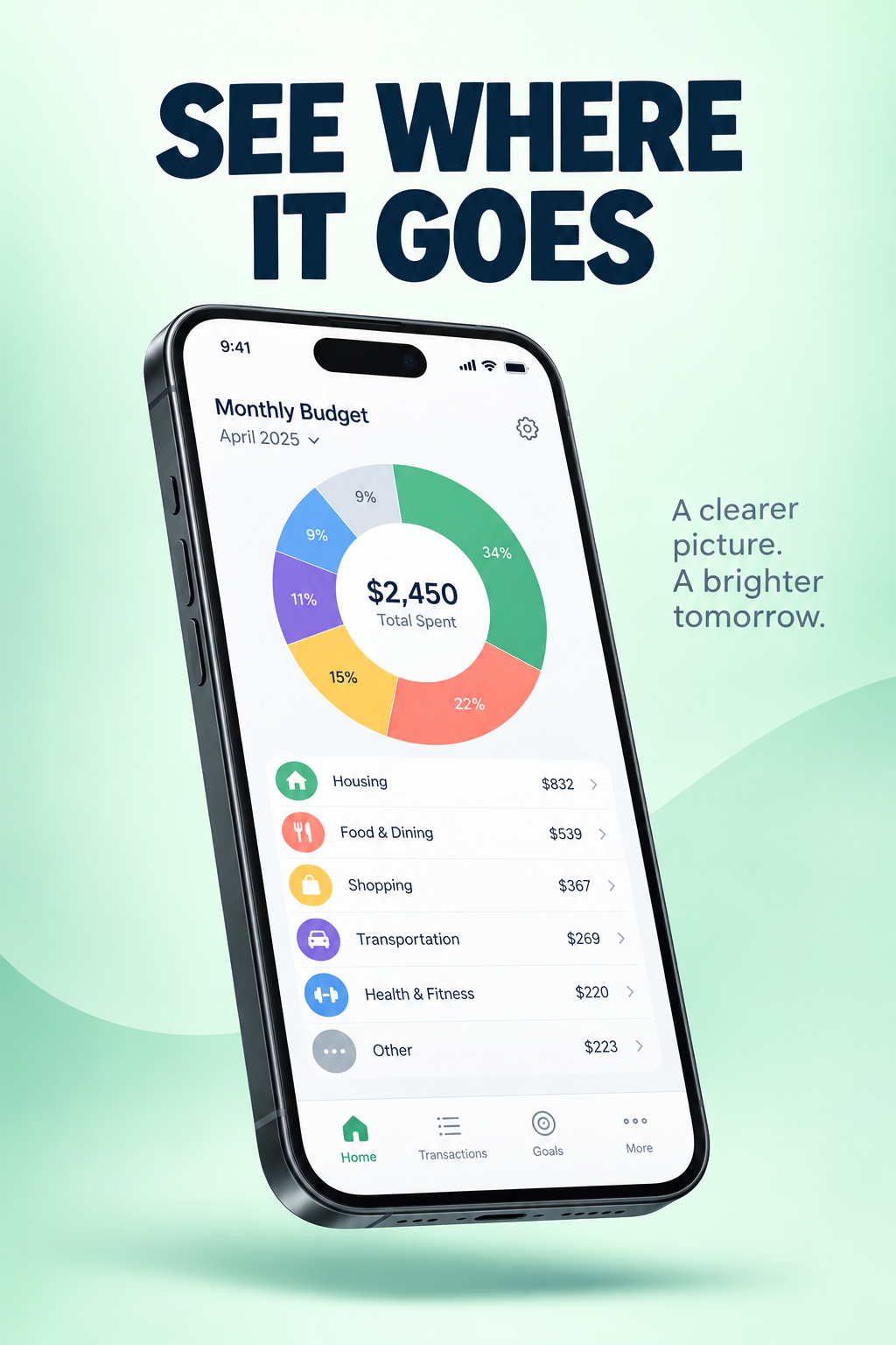 A smartphone showing a budgeting app with a donut chart under the headline SEE WHERE IT GOES on a mint background