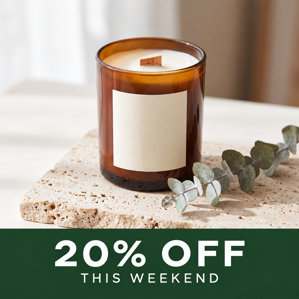 Step 3, the sale post: the candle above a deep green band reading 20% OFF THIS WEEKEND