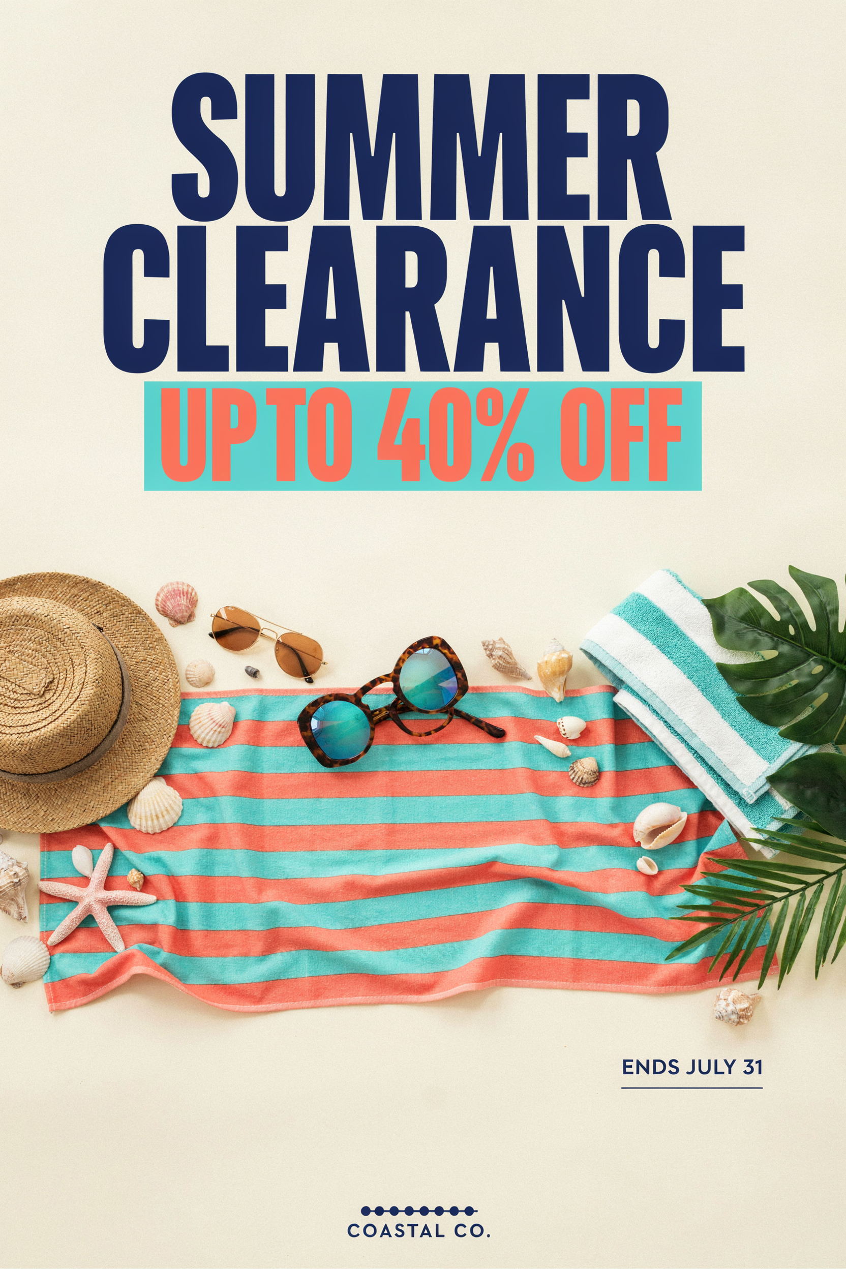 A sale poster reading SUMMER CLEARANCE and UP TO 40% OFF above a flat lay of a striped beach towel, sunglasses and a straw hat