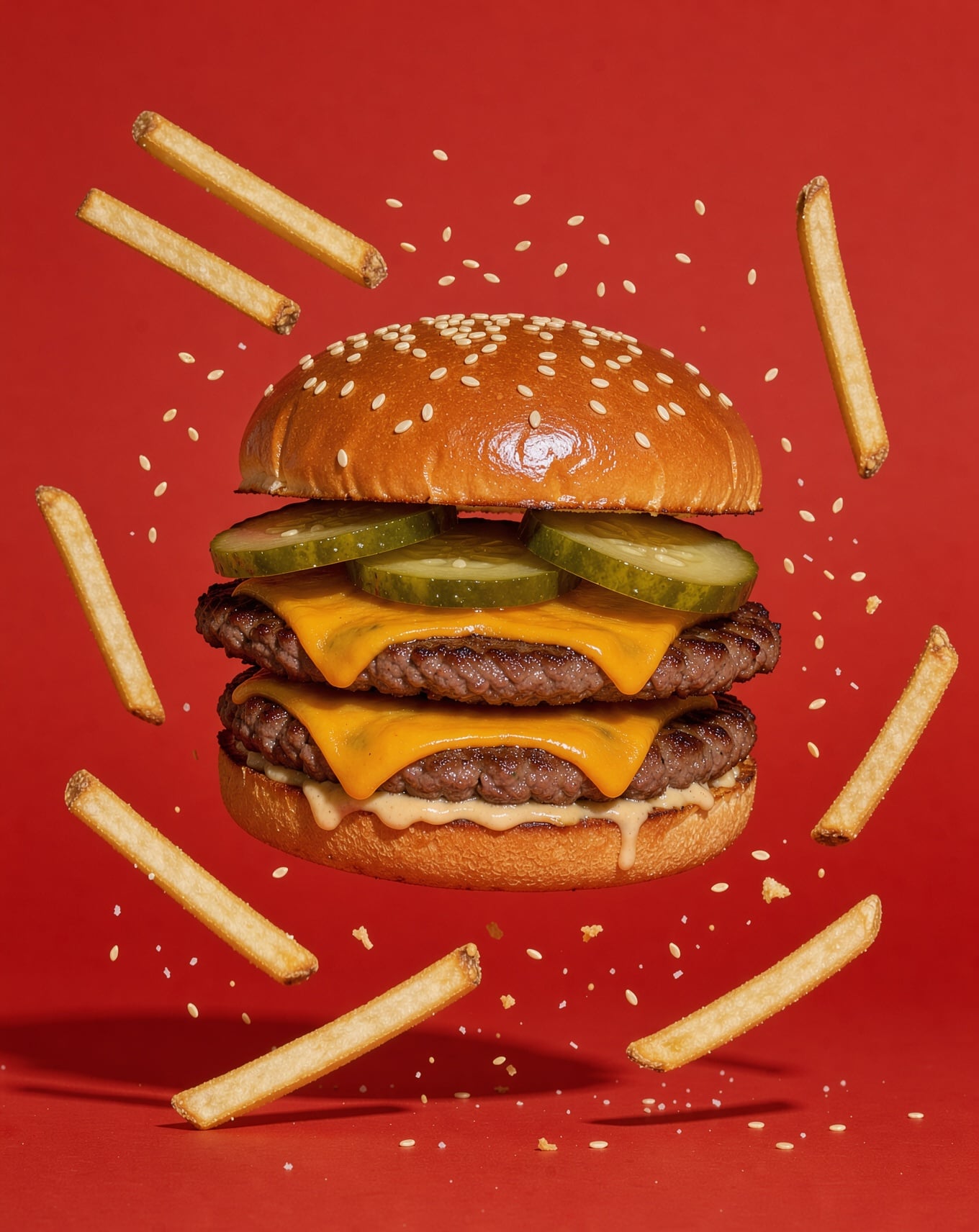 A double smash burger with cheddar and pickles floats with fries and sesame seeds against a tomato red background