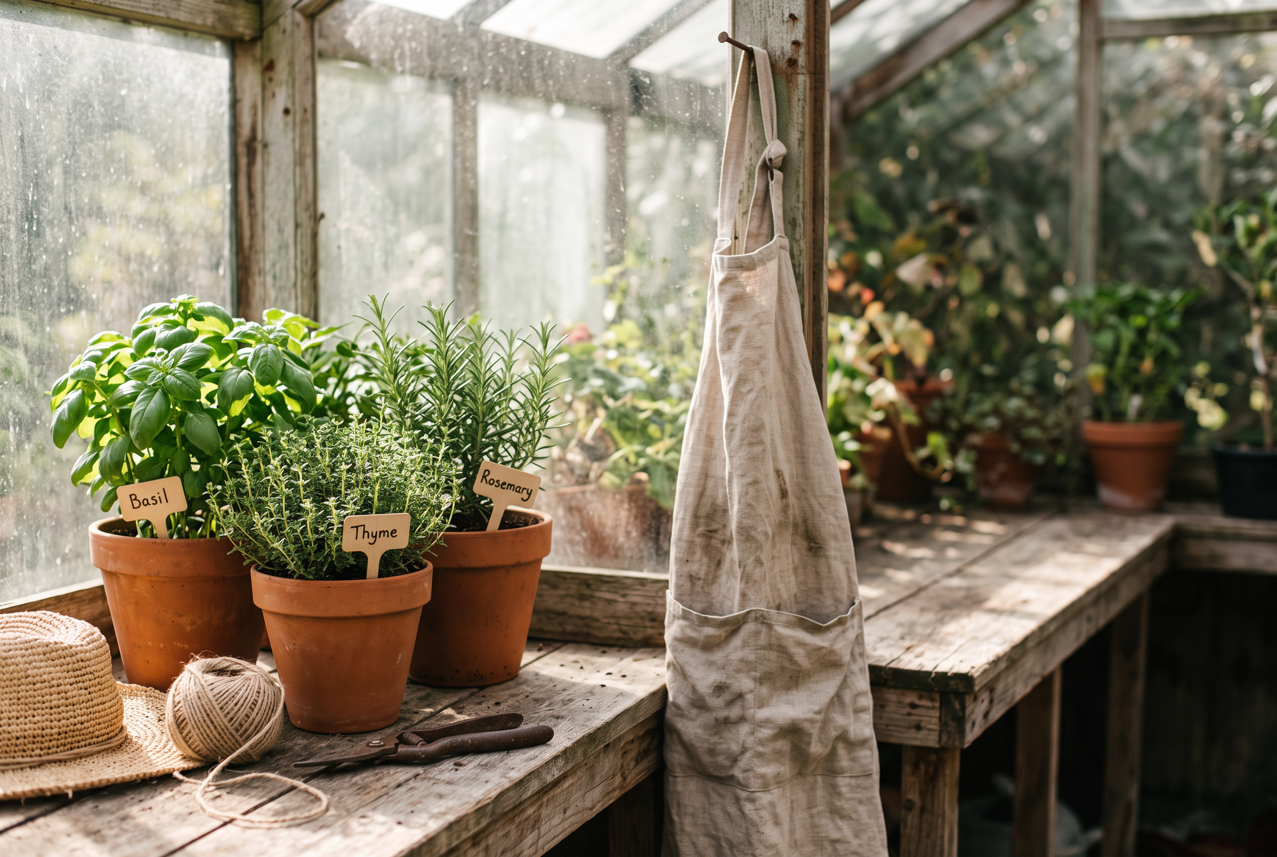 Nano Banana 2.1: labeled clay herb pots on a greenhouse potting bench with shears and twine