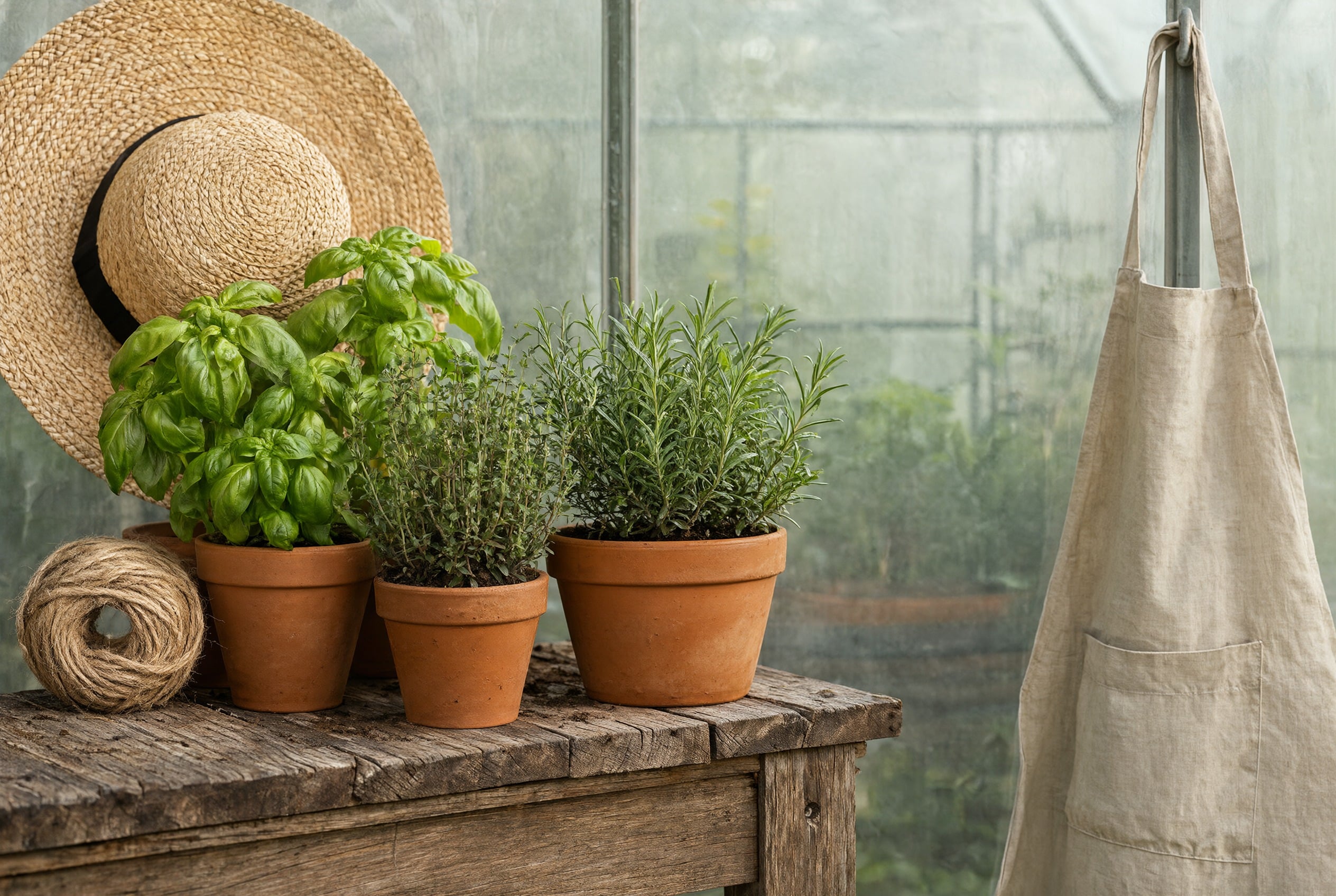 Qwen Image 2.1: clay herb pots on a potting bench with a straw hat and a hanging apron
