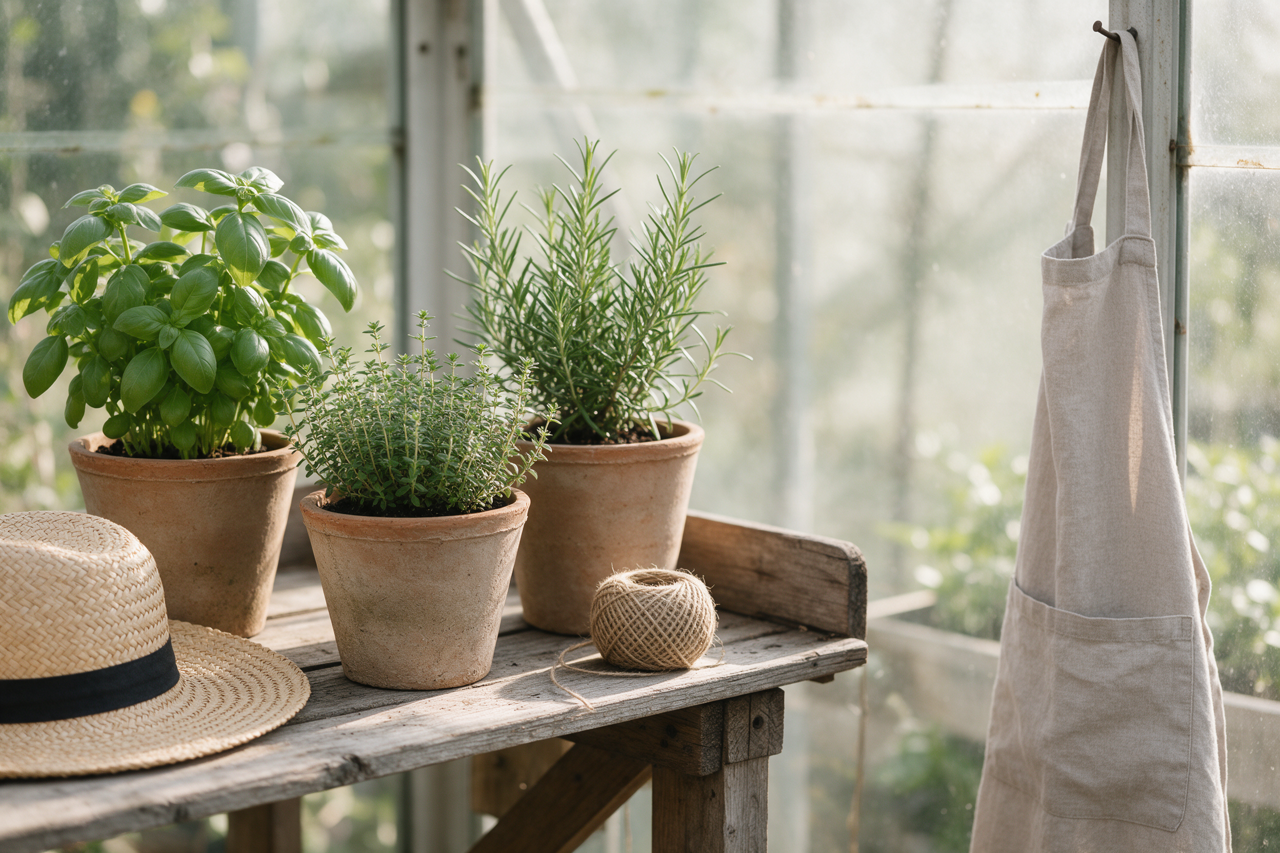 Seedream 5: clay herb pots on a greenhouse potting bench with a hanging linen apron