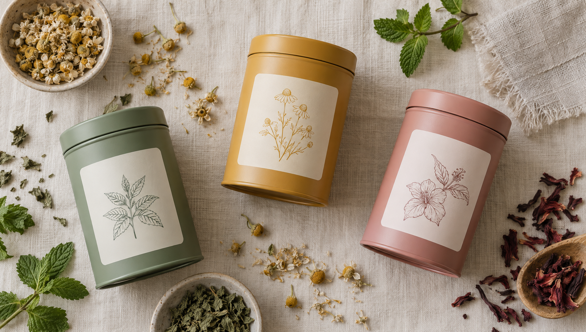 Three matte tins in sage, saffron and dusty rose with botanical line drawings among dried chamomile and mint