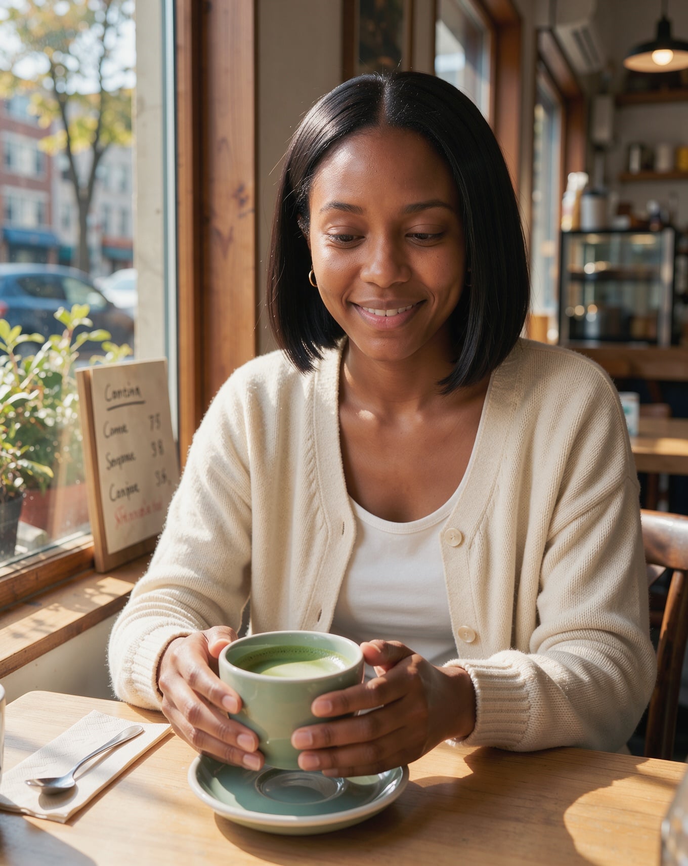FLUX 3 Image: her at a window table with the cup on its saucer, a street and a small menu sign behind
