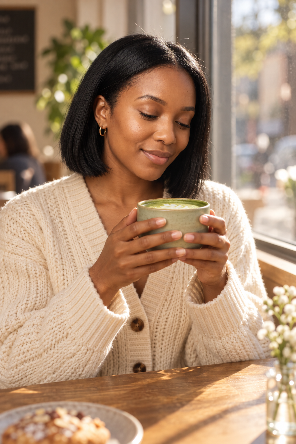 GPT Image 2.5: a close crop of her holding the green cup in both hands by a sunny window, gold hoops kept