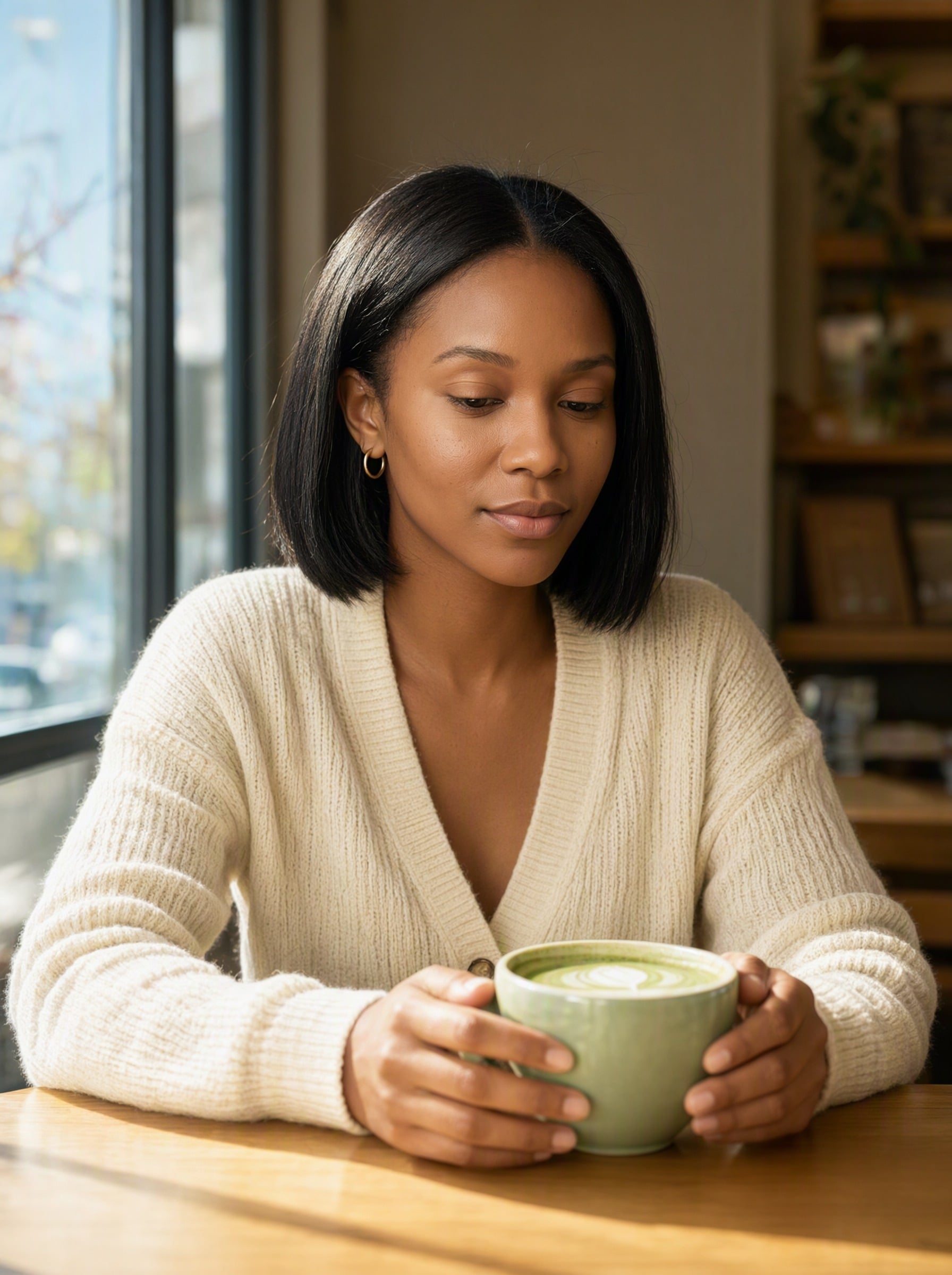 Qwen Image 2.1: a centered shot of her with both hands around the cup resting on the table