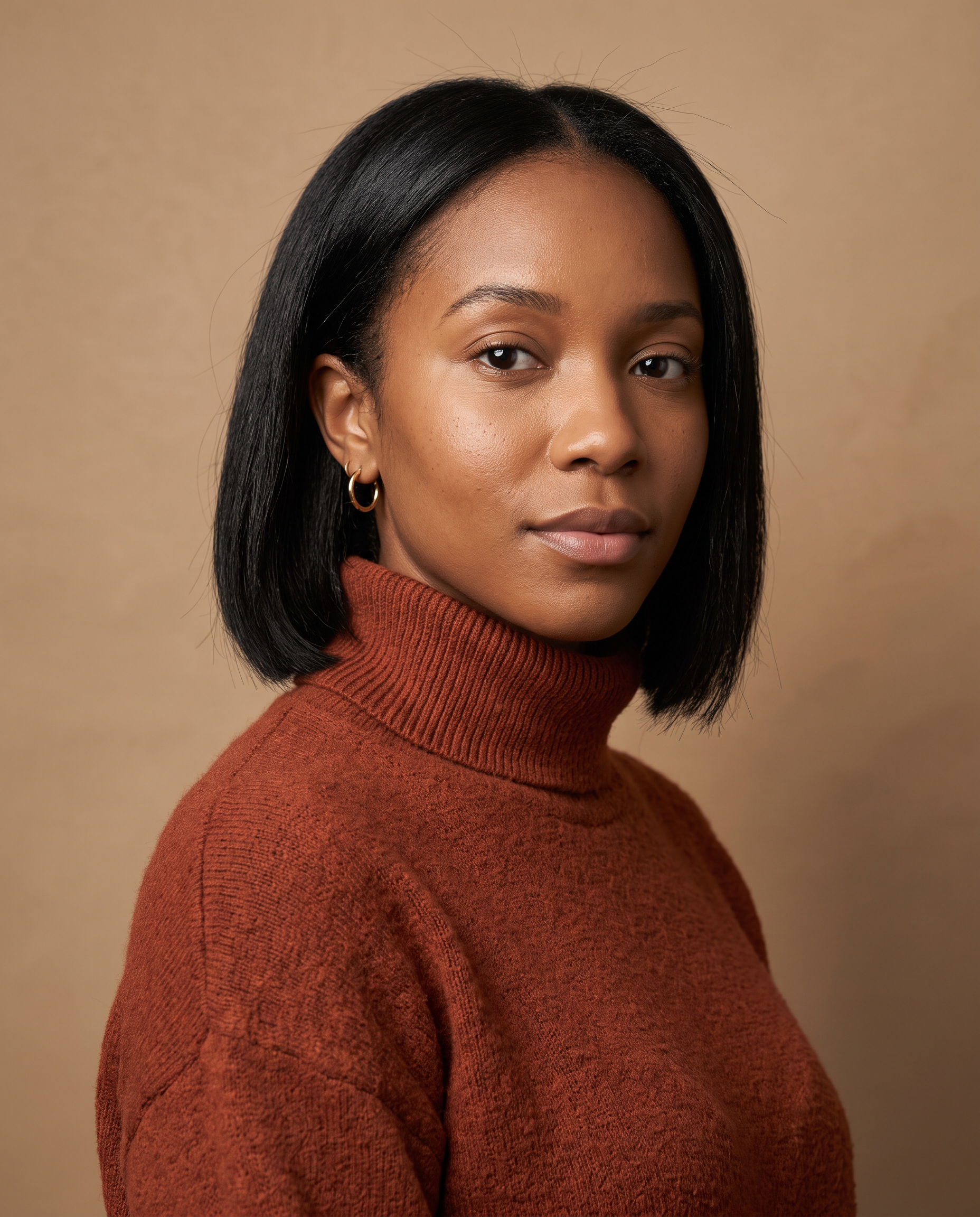 The reference: a woman with a sleek black bob, gold hoop earrings and a rust turtleneck against a sand backdrop