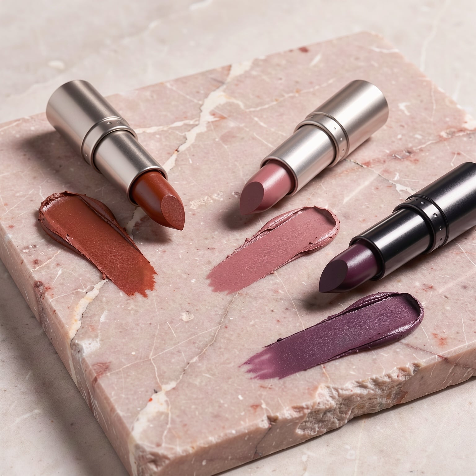 Three lipsticks in brick, rose and plum lie on pink marble beside a smooth swatch of each color