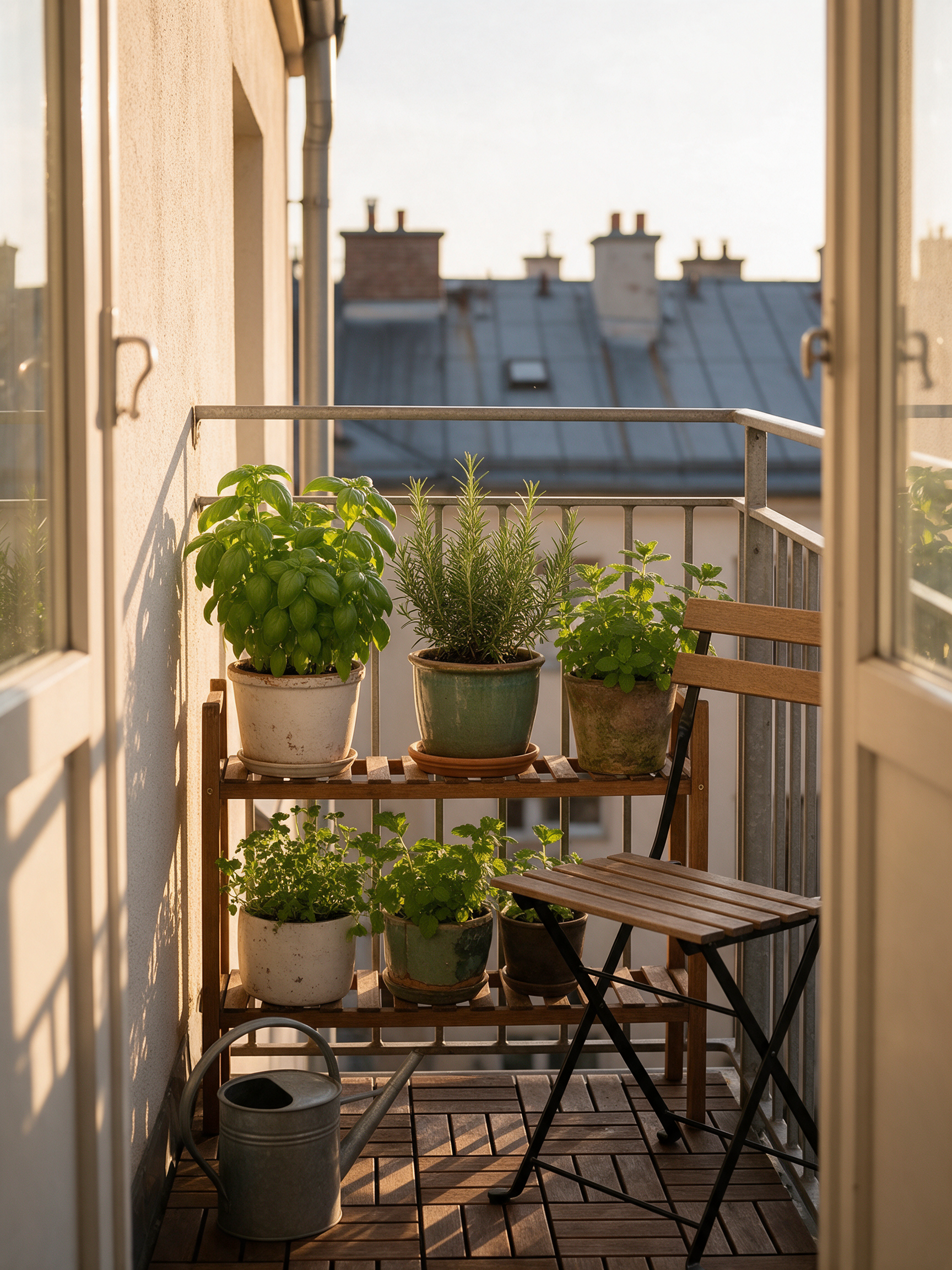 A narrow city balcony with basil, rosemary and mint in pots on a wooden rack beside a folding chair in evening light
