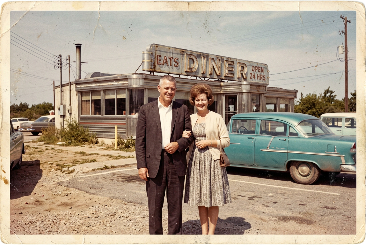 The damaged print: a faded snapshot of a couple outside a diner, with creases, scratches and a worn border