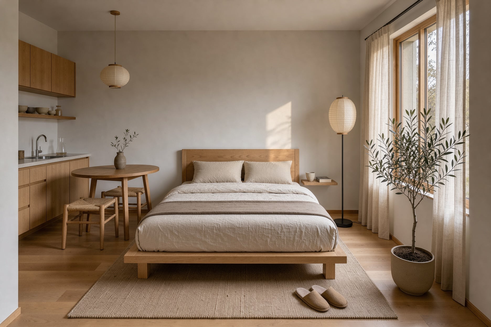 A small studio flat in Japandi style with a low oak bed, linen bedding, a paper floor lamp and an olive tree