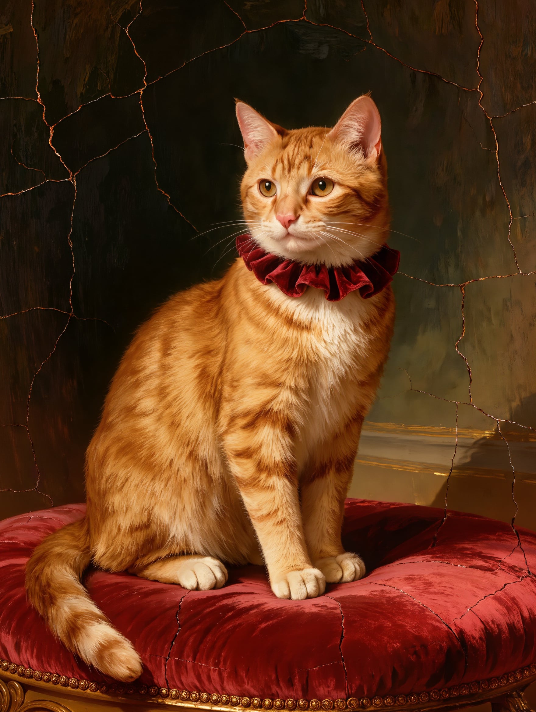 A ginger tabby cat in a velvet ruff collar sits on a red cushion in the style of a classical oil painting