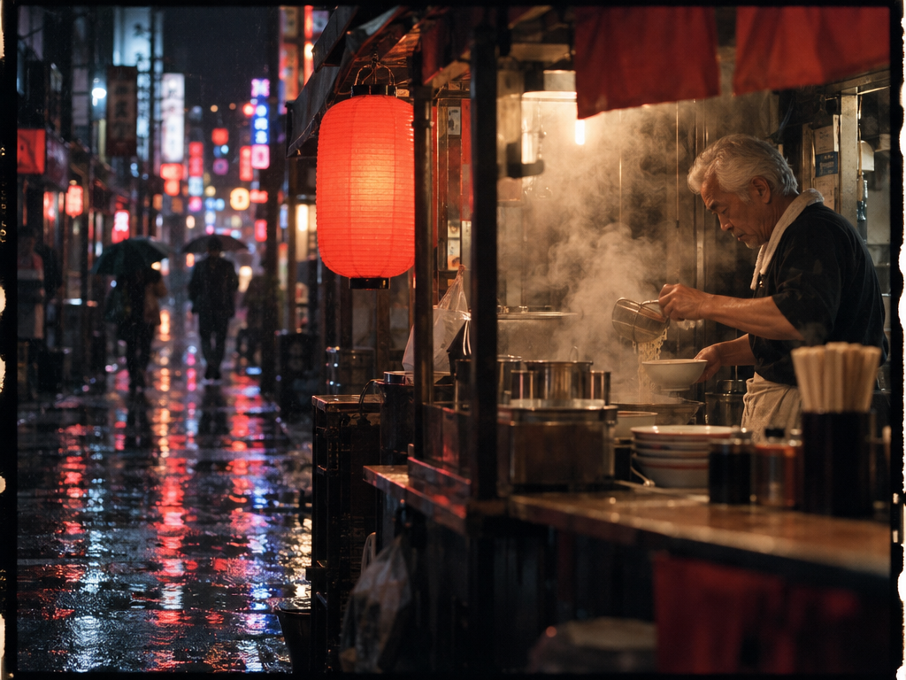 GPT Image 2.5: the cook pours from a strainer through thick steam, a red lantern and neon reflections on the left, inside a film frame border