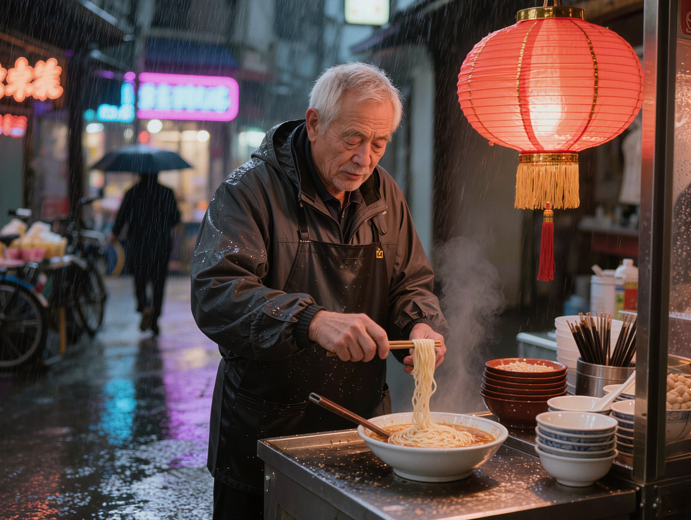 Kling Image: an older cook in a dark rain jacket lifts noodles from a bowl beside a round red lantern with a gold tassel