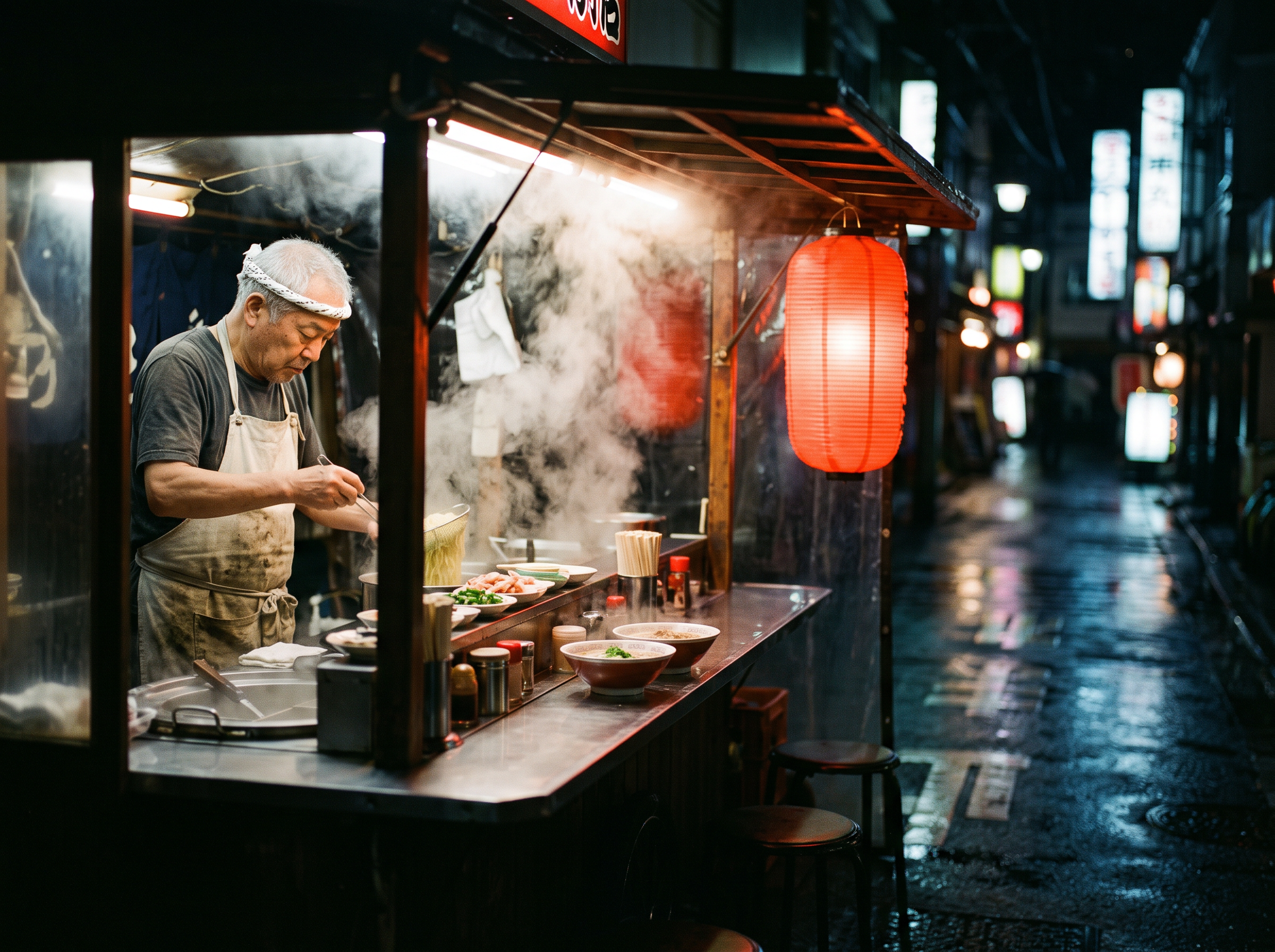 Nano Banana 2.1: a cook in a white headband works inside a lit stall with a plain red lantern beside a long wet street