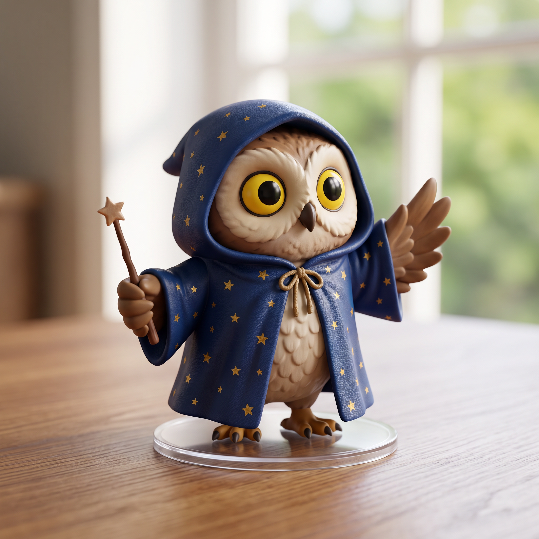 A collectible figure of an owl wizard in a starry blue robe holding a small wand, on a clear round base on a wooden desk