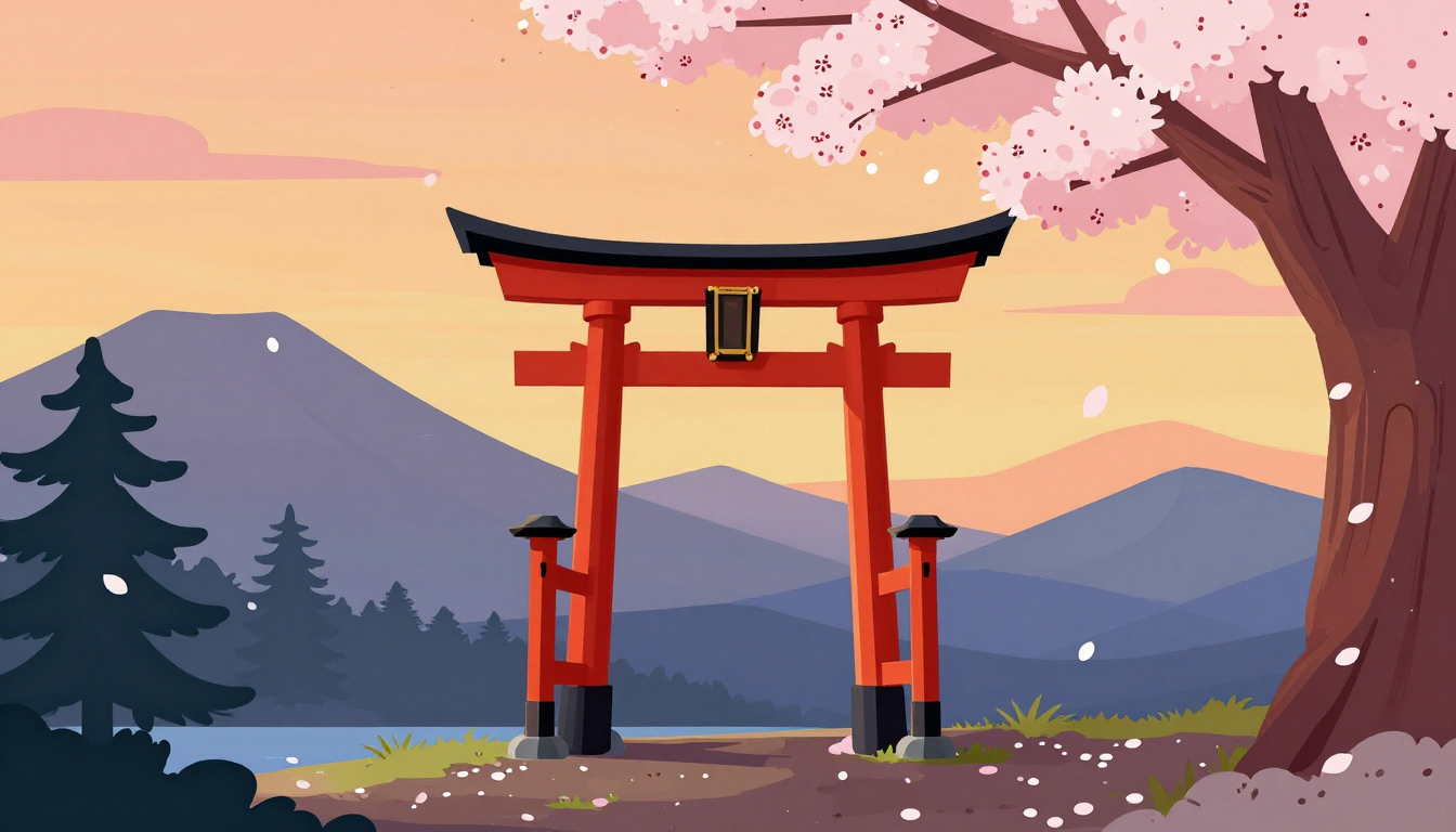Pixel art of a red torii gate on a mountain at sunset with cherry blossom petals drifting and mountains behind