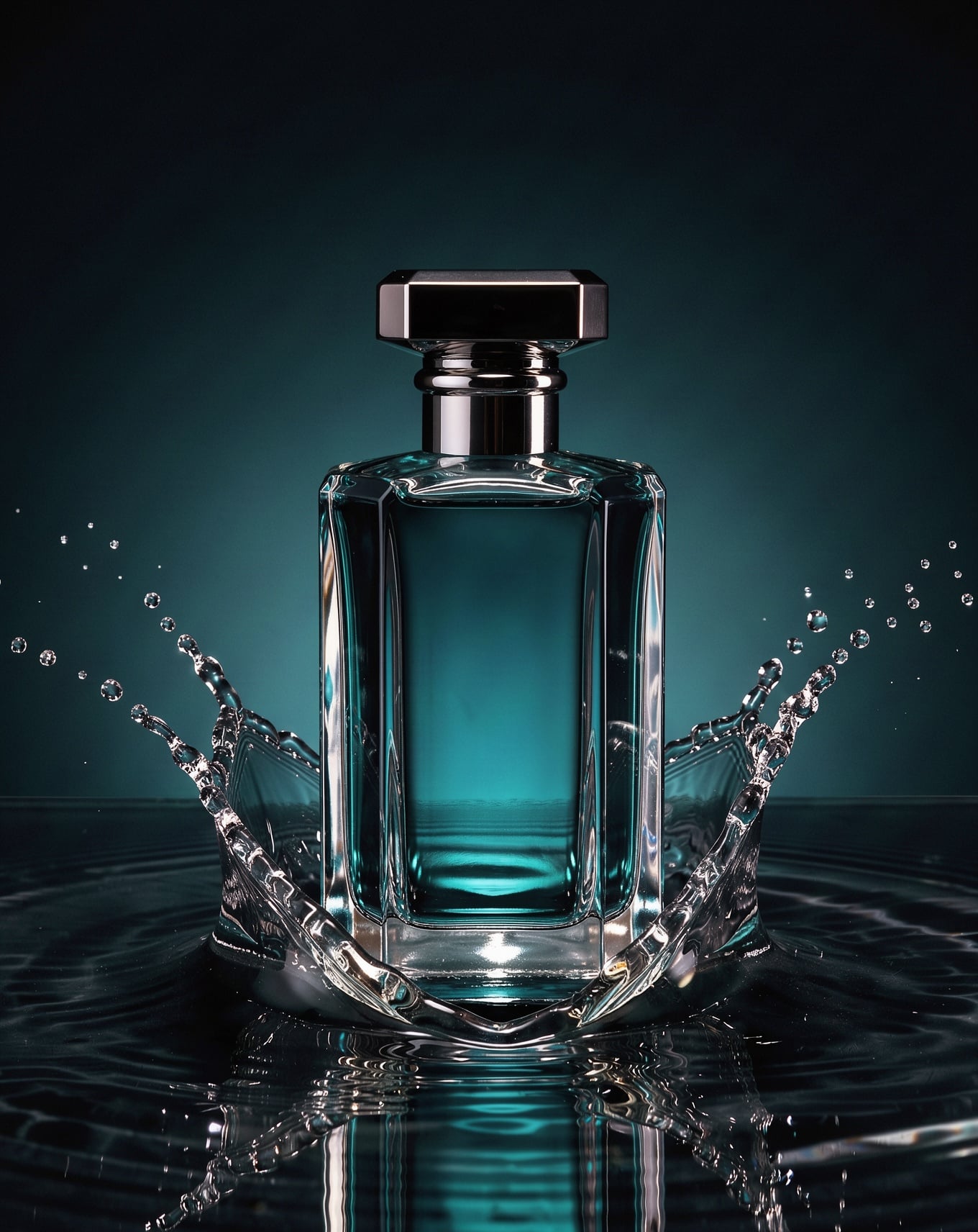 A faceted glass perfume bottle with teal liquid sits in a splash of black water under a strip light