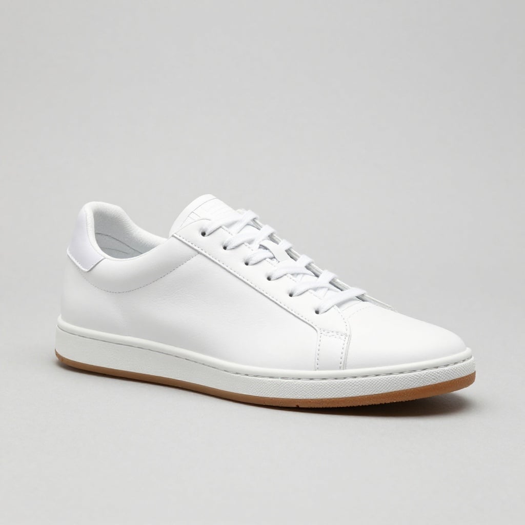 A white leather low top sneaker with a gum sole on a plain light grey studio background