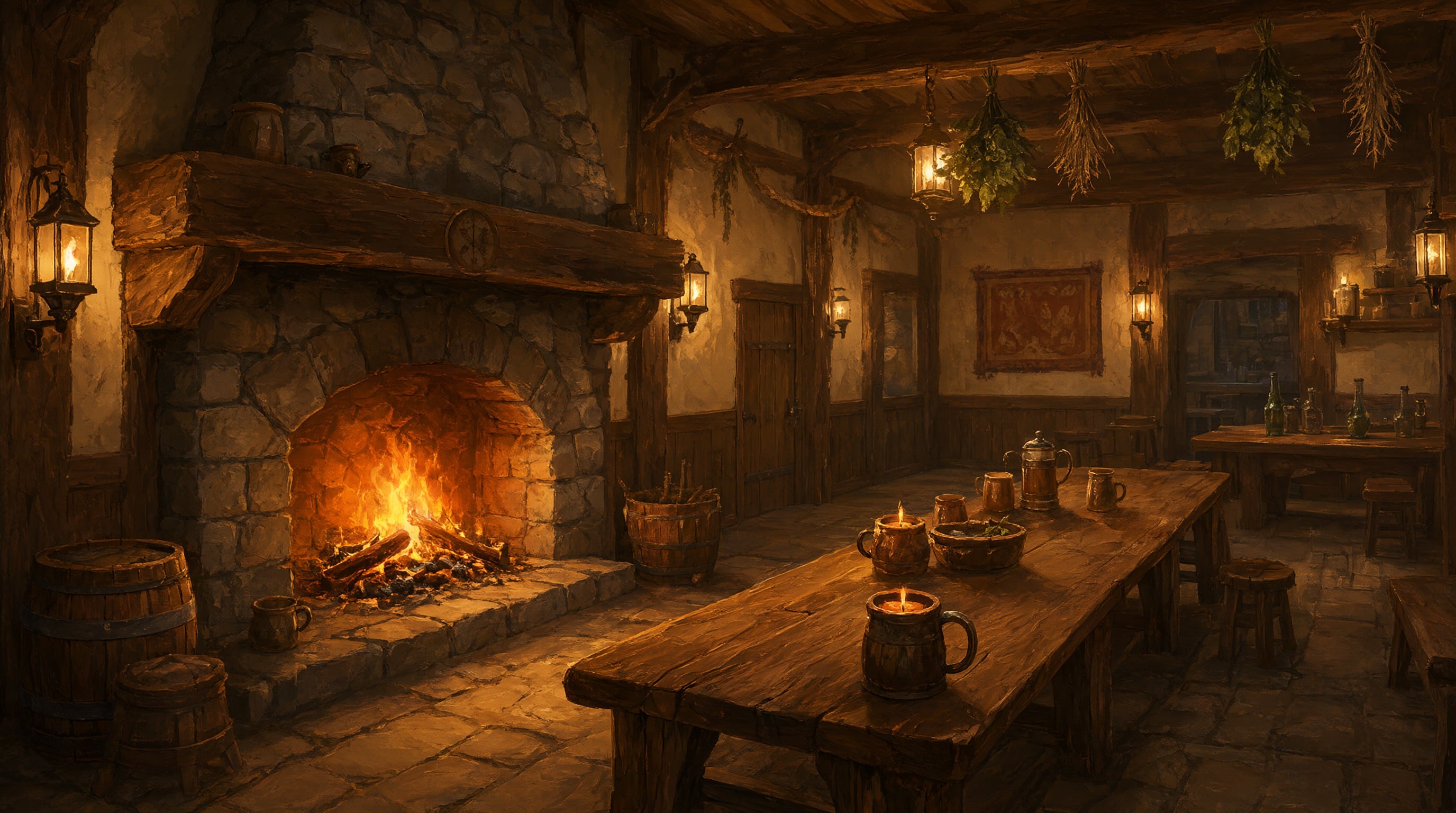 A cozy medieval tavern with a roaring stone fireplace, long wooden tables, tankards and hanging lanterns