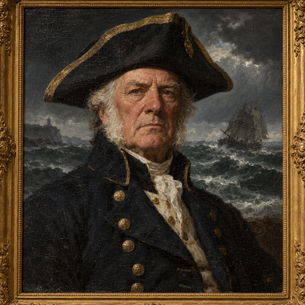 An oil painting in a gilded frame of an invented sea captain with white whiskers and a tricorn hat, a stormy sea behind him