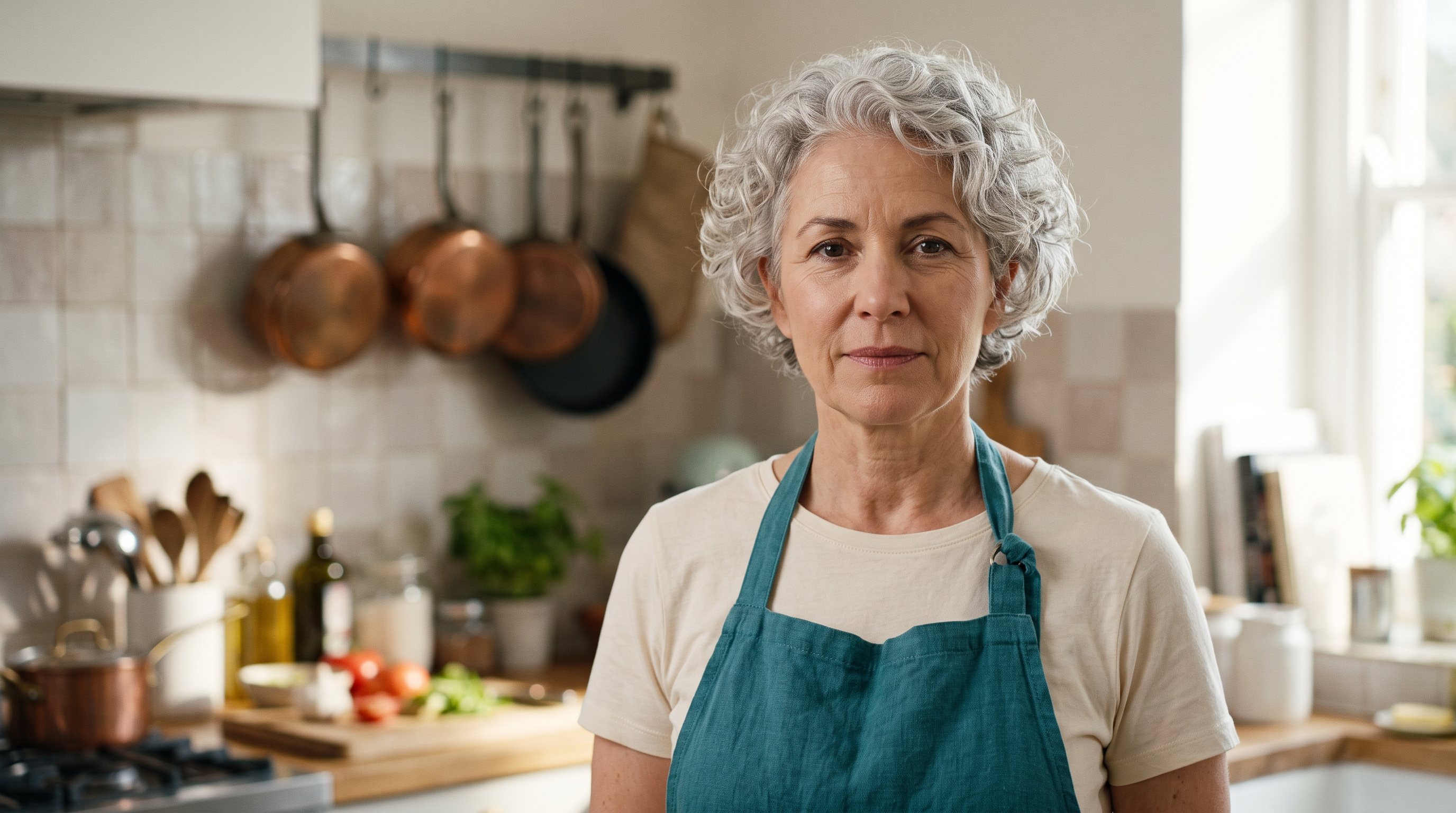 The source photo: a cooking show host with silver curls and a teal apron in a bright kitchen