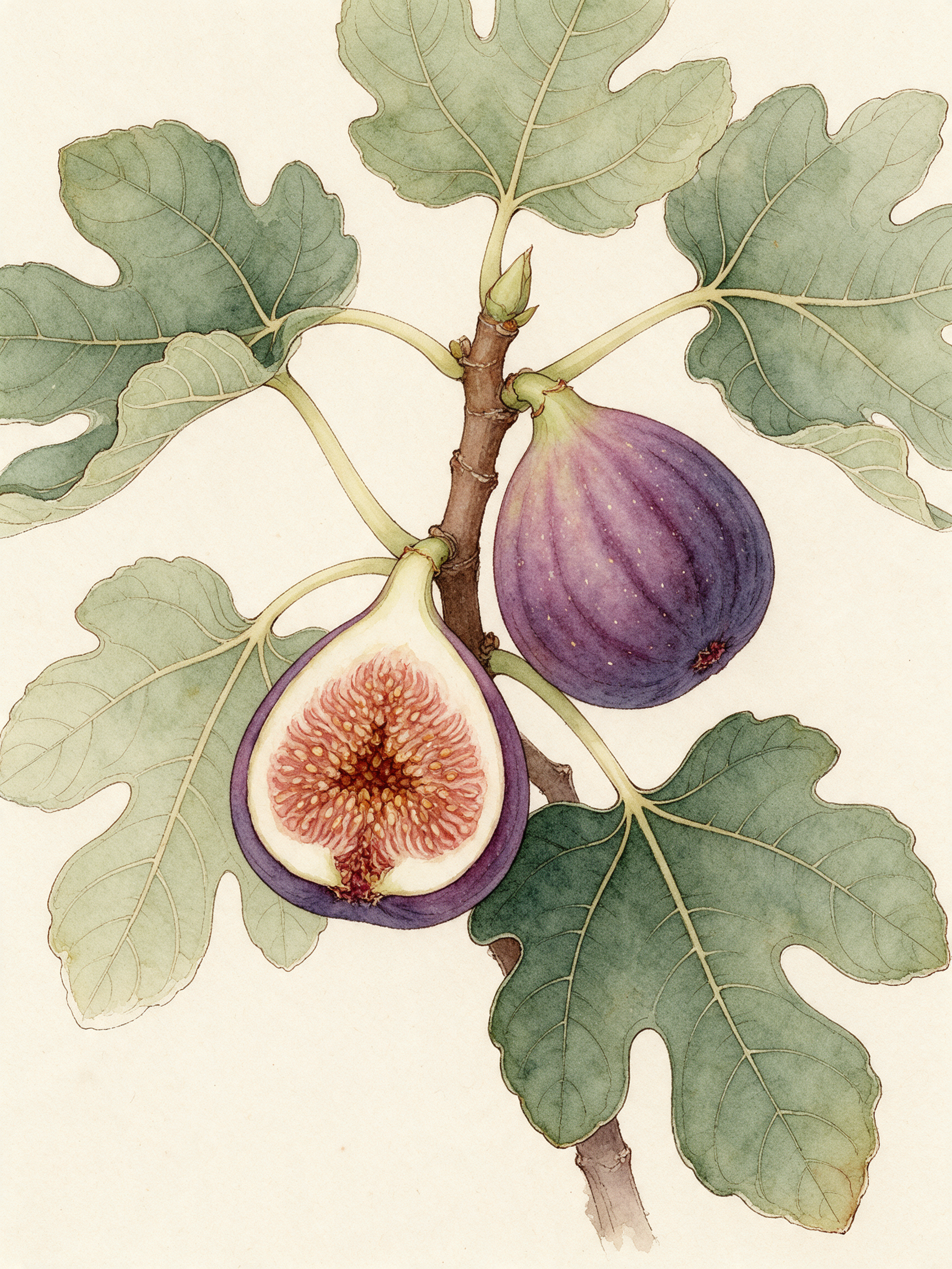 A botanical watercolor of a fig branch with one whole purple fig and one cut open